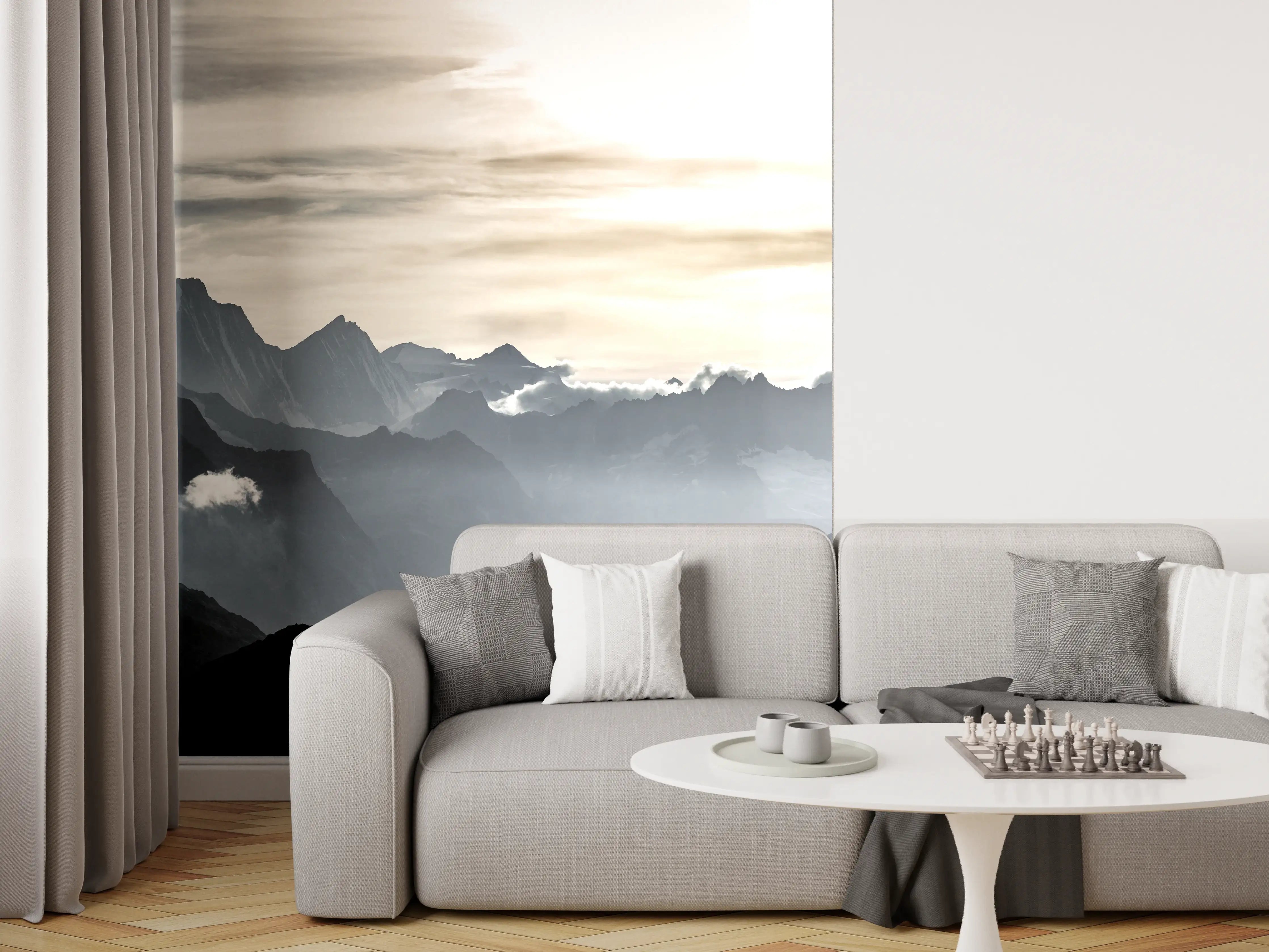 Wandverkleidung Wohnzimmer - Bergsilhouette bei Sonnenuntergang