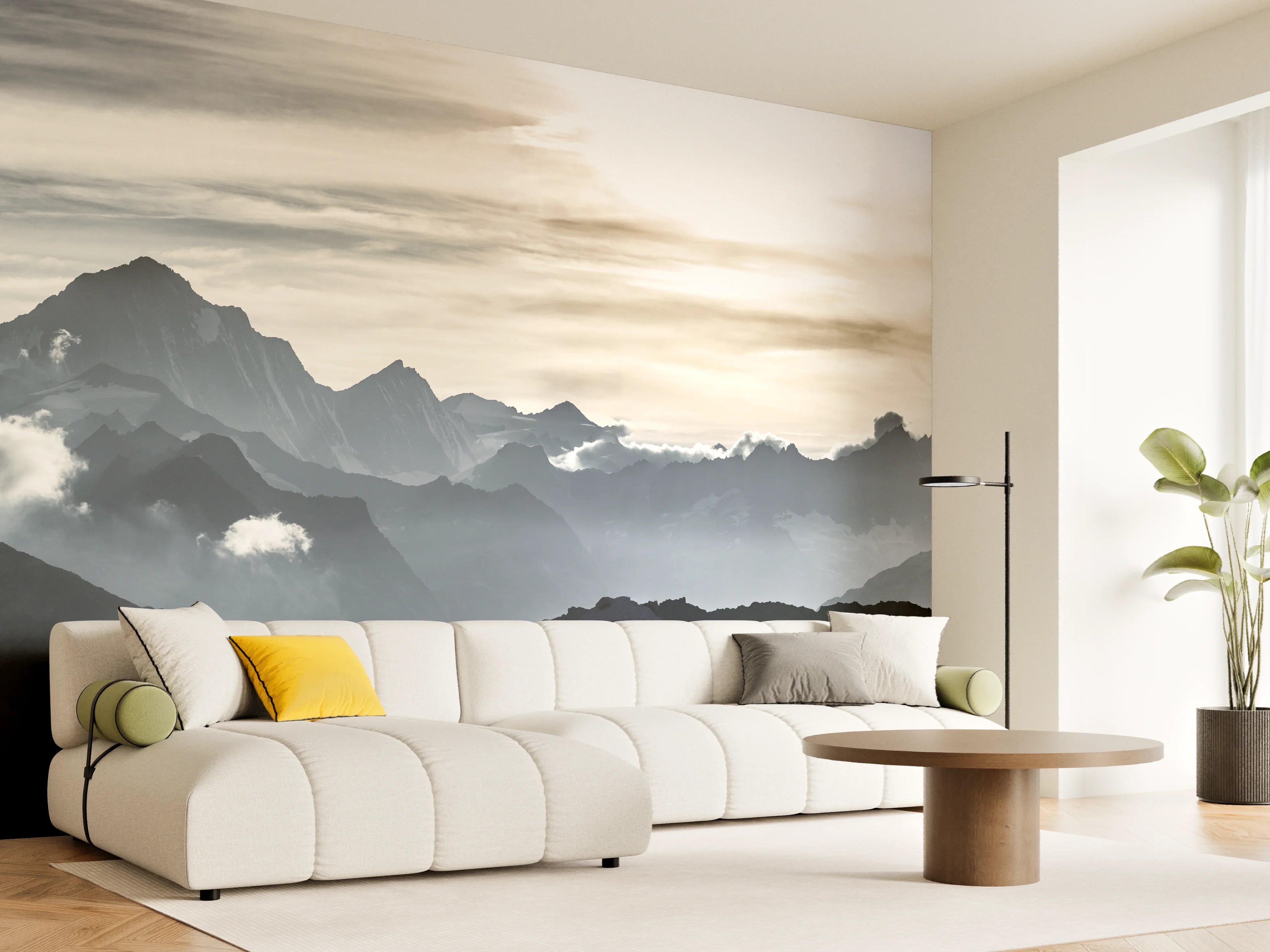 Wandverkleidung Wohnzimmer - Bergsilhouette bei Sonnenuntergang