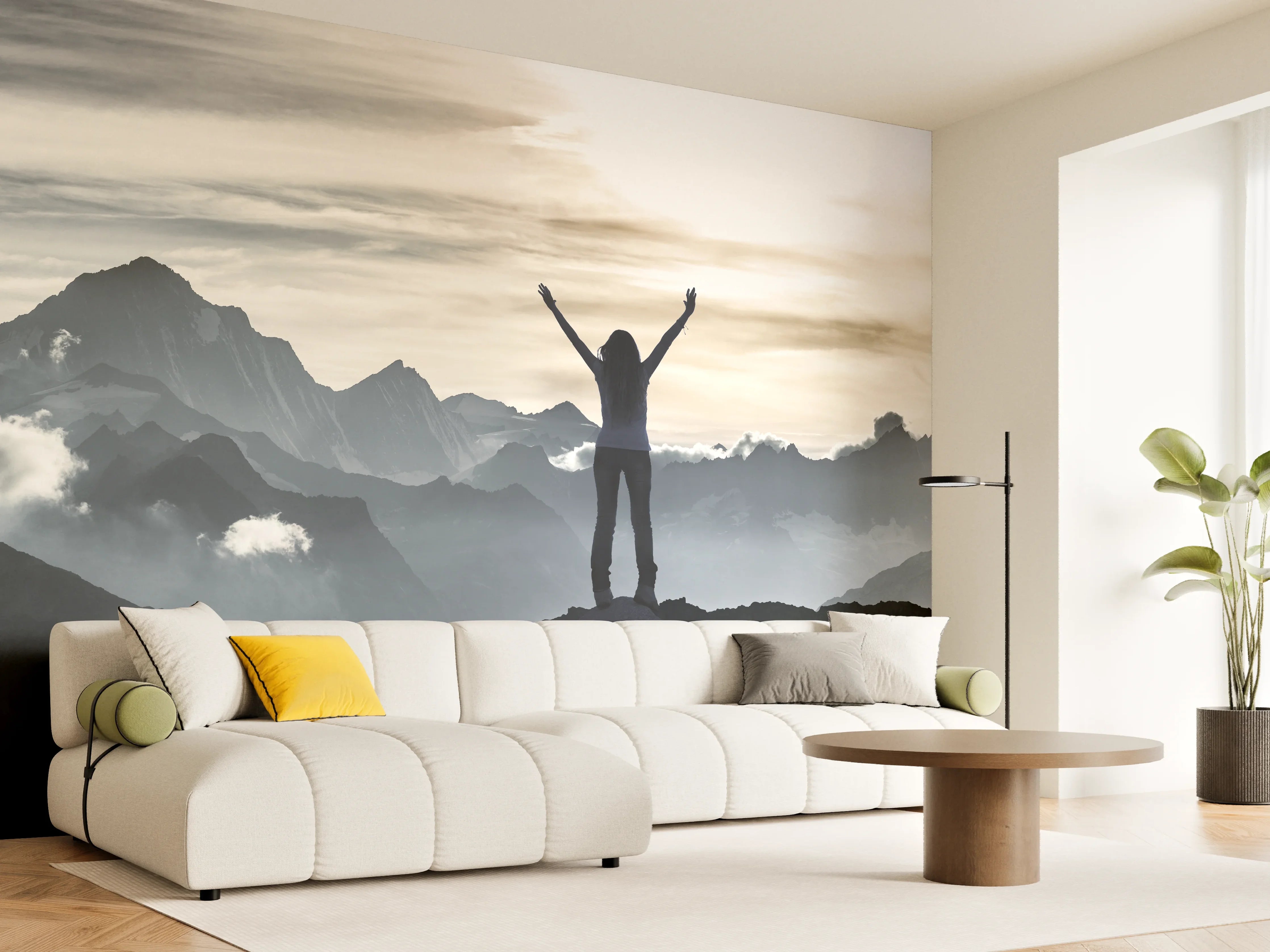 Wandverkleidung Wohnzimmer - Bergsteigerin am Gipfel