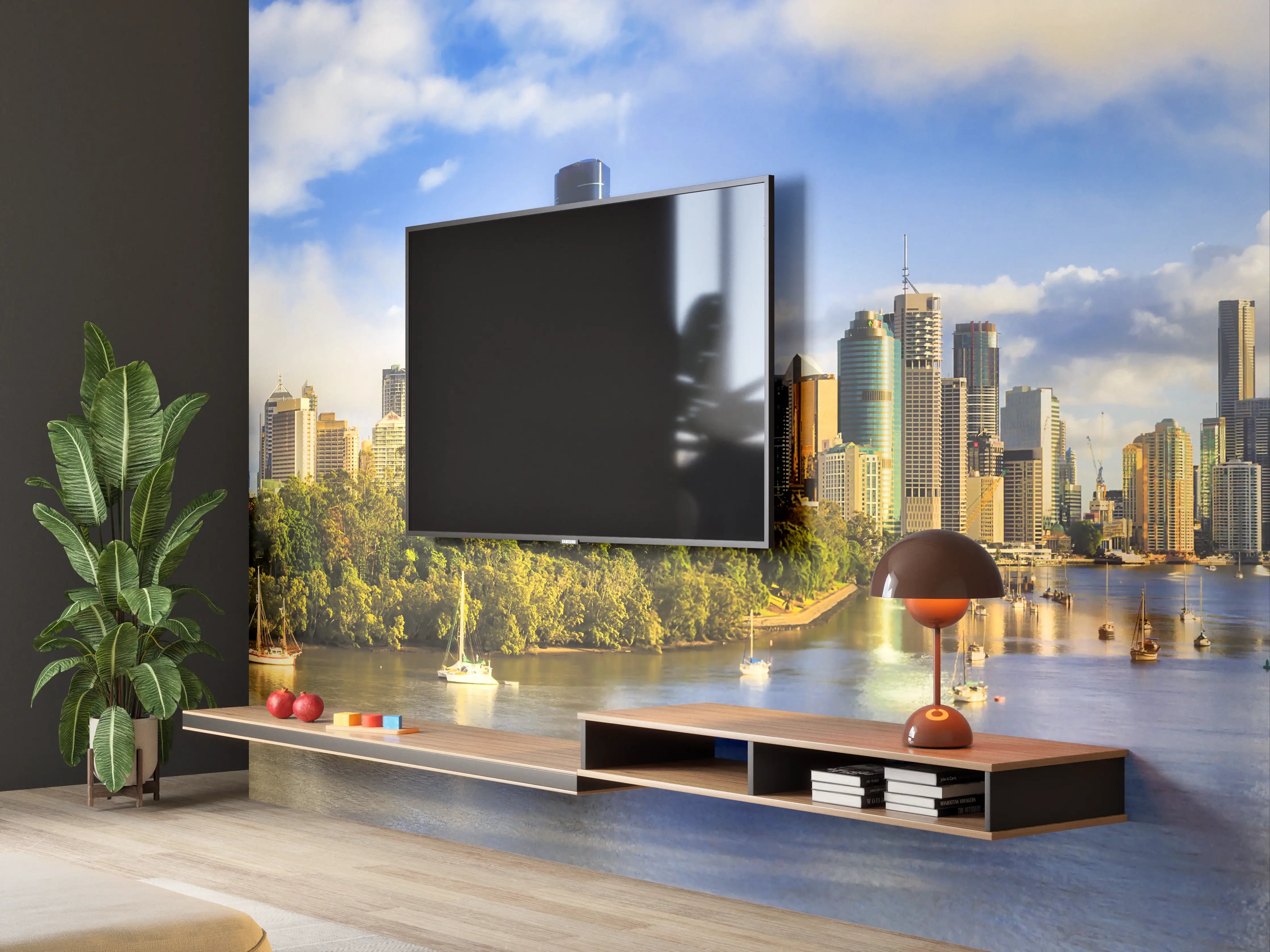 Wandverkleidung Wohnzimmer - Berühmte Skyline mit Fluss und moderner Architektur