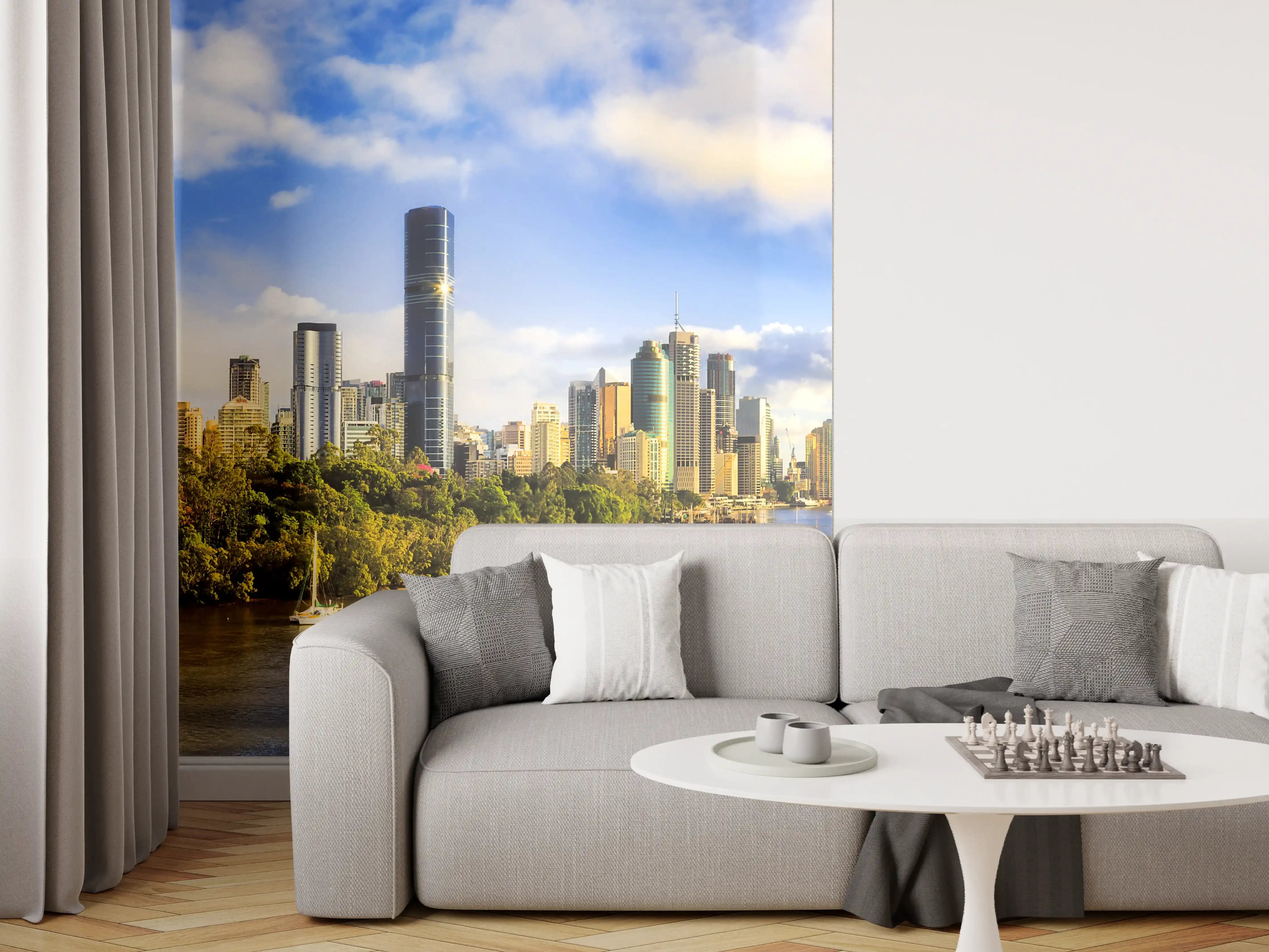 Wandverkleidung Wohnzimmer - Berühmte Skyline mit Fluss und moderner Architektur