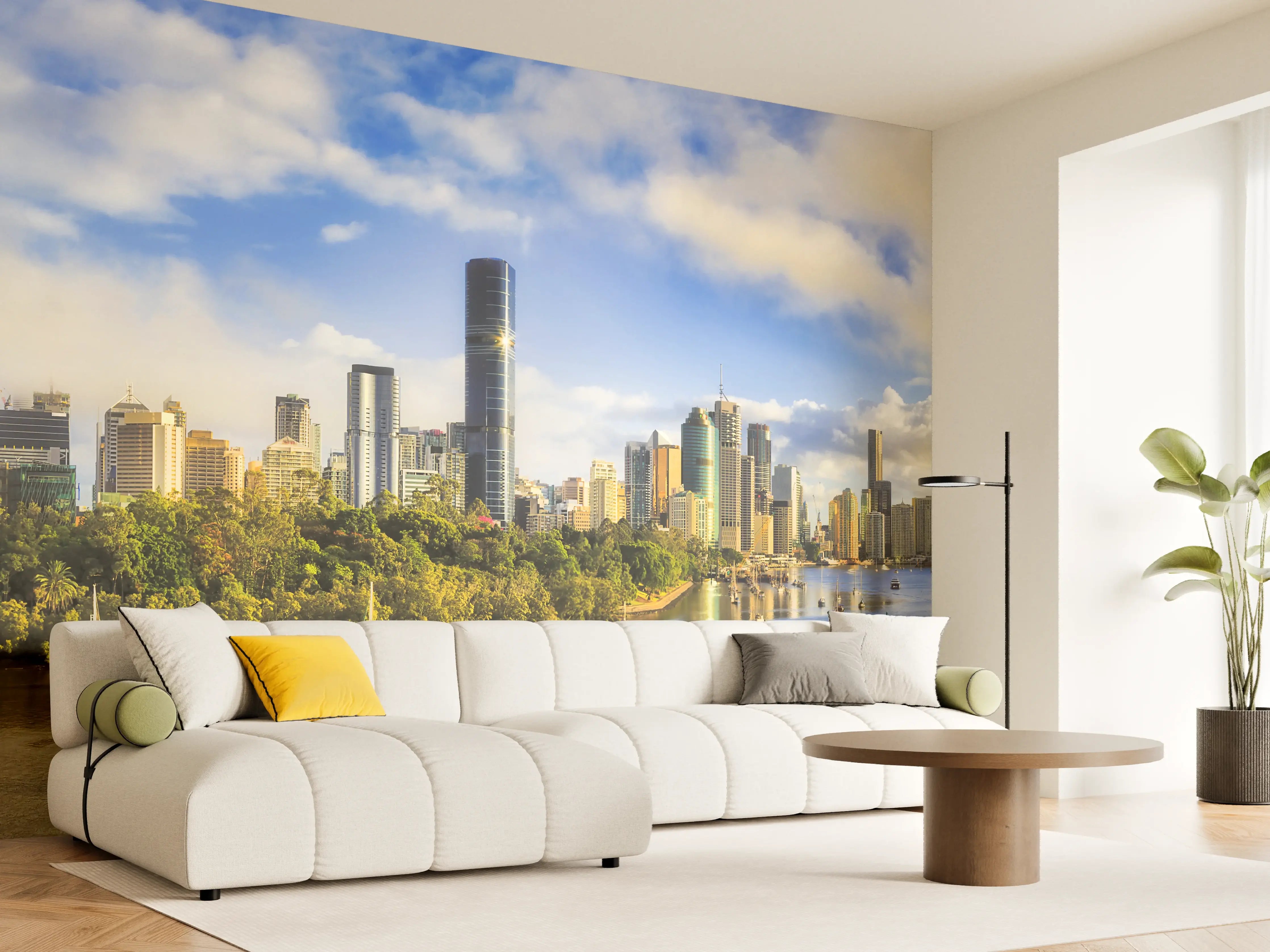 Wandverkleidung Wohnzimmer - Berühmte Skyline mit Fluss und moderner Architektur