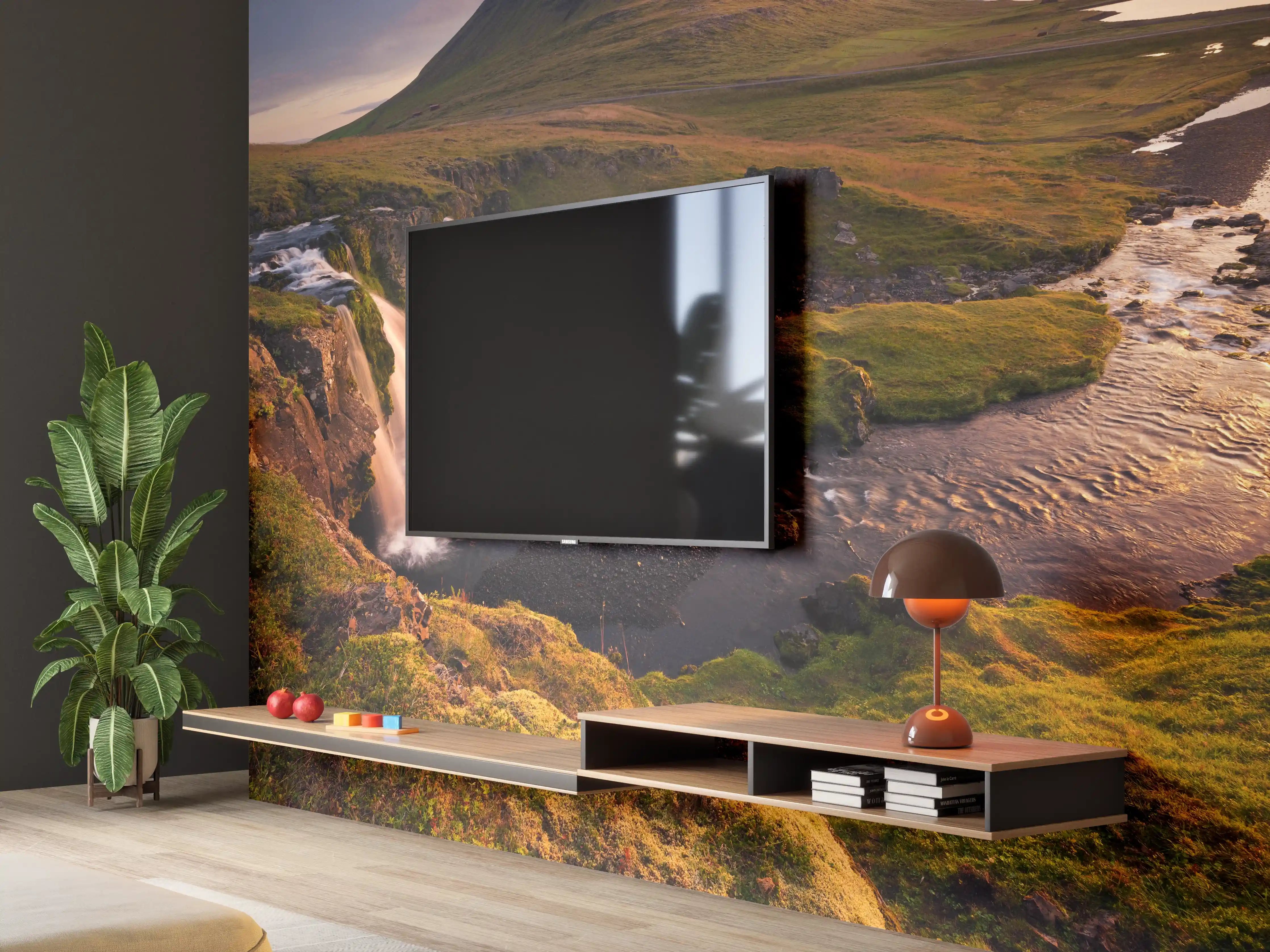 Wandverkleidung Wohnzimmer - Berühmte isländische Landschaft mit Wasserfall und Vulkan