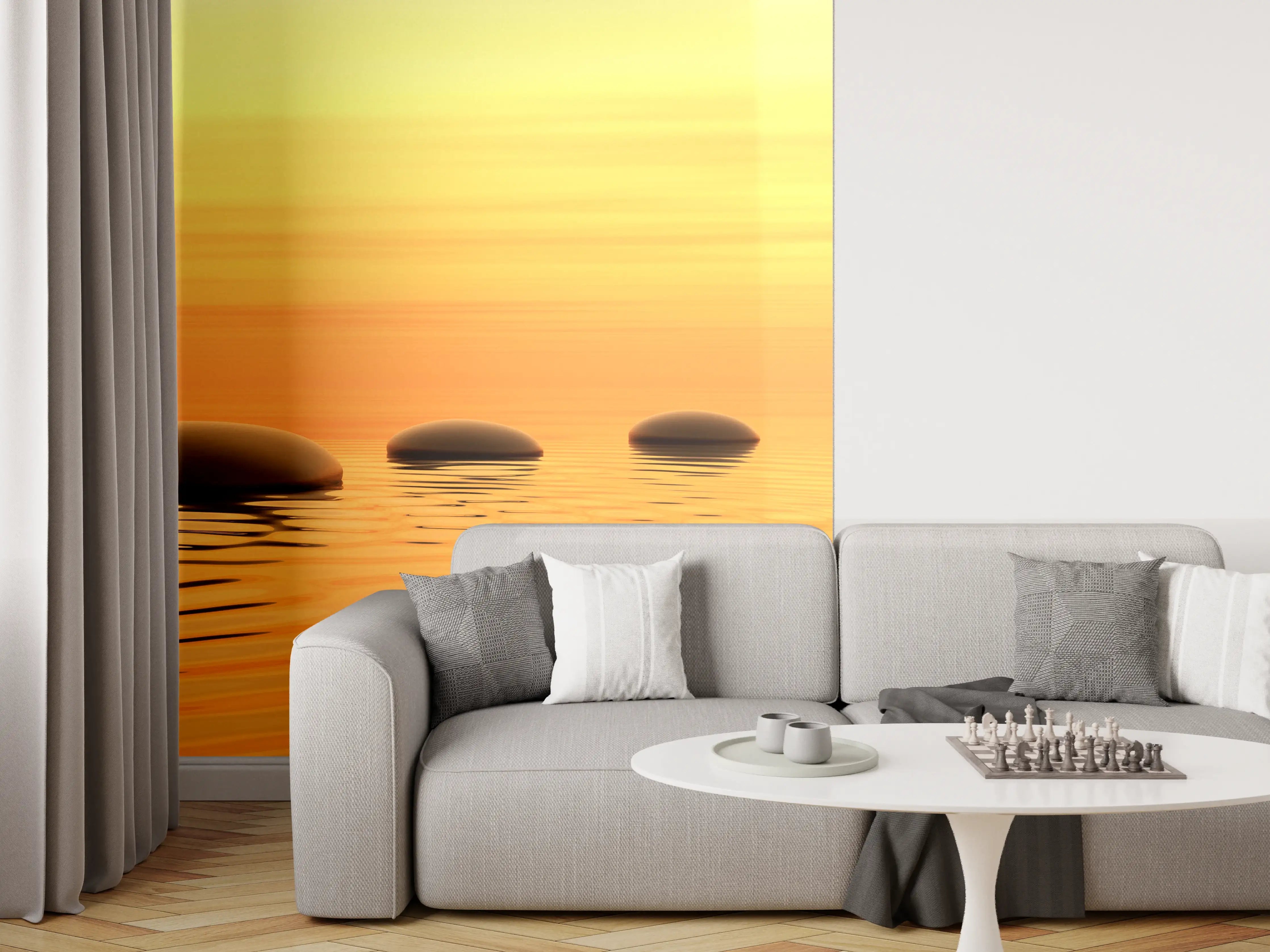 Wandverkleidung Wohnzimmer - Beruhigender Sonnenuntergang mit Steinen am Wasser
