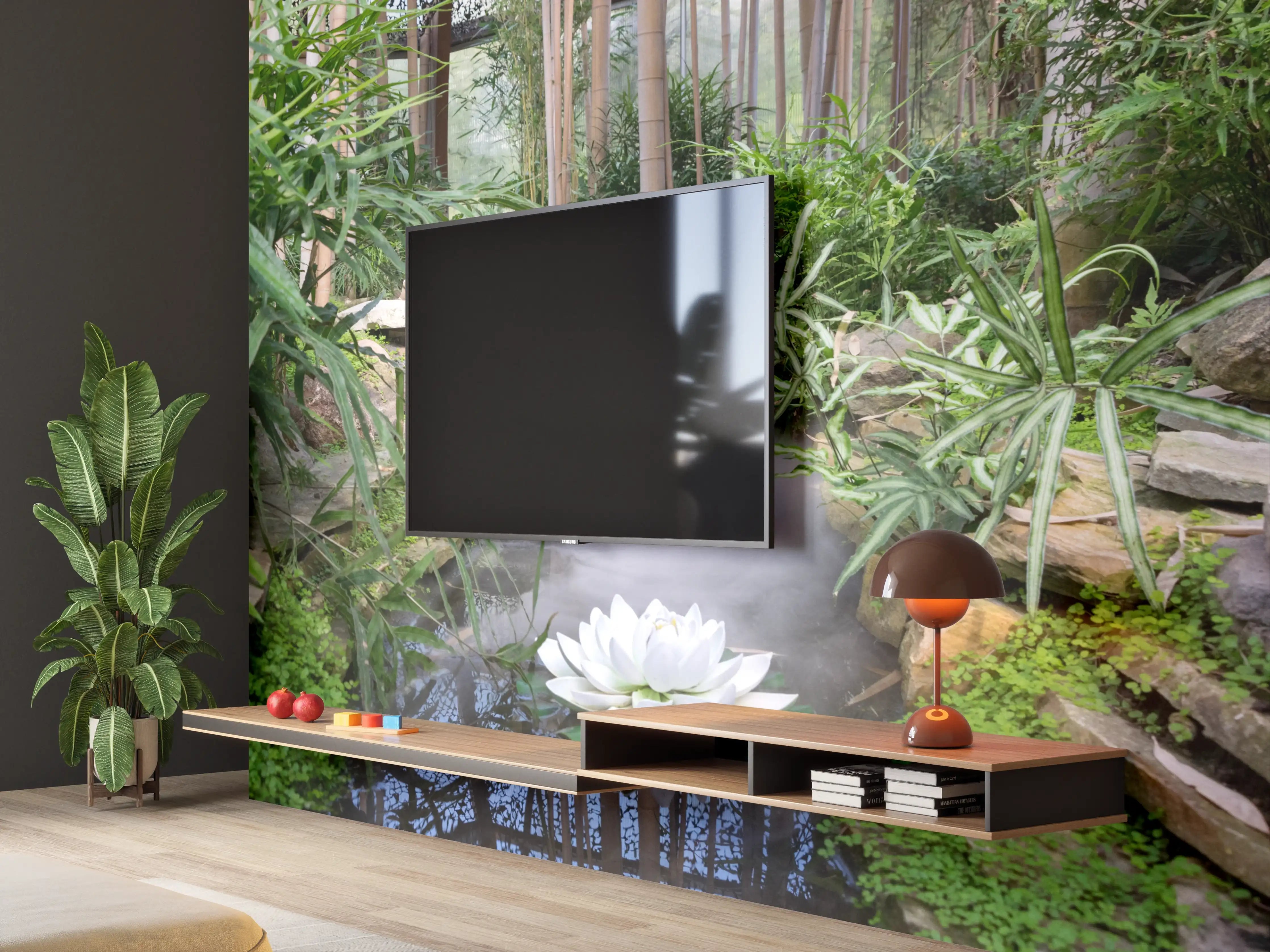 Wandverkleidung Wohnzimmer - Bezaubernder Garten mit Wasserfall und Lotusblume