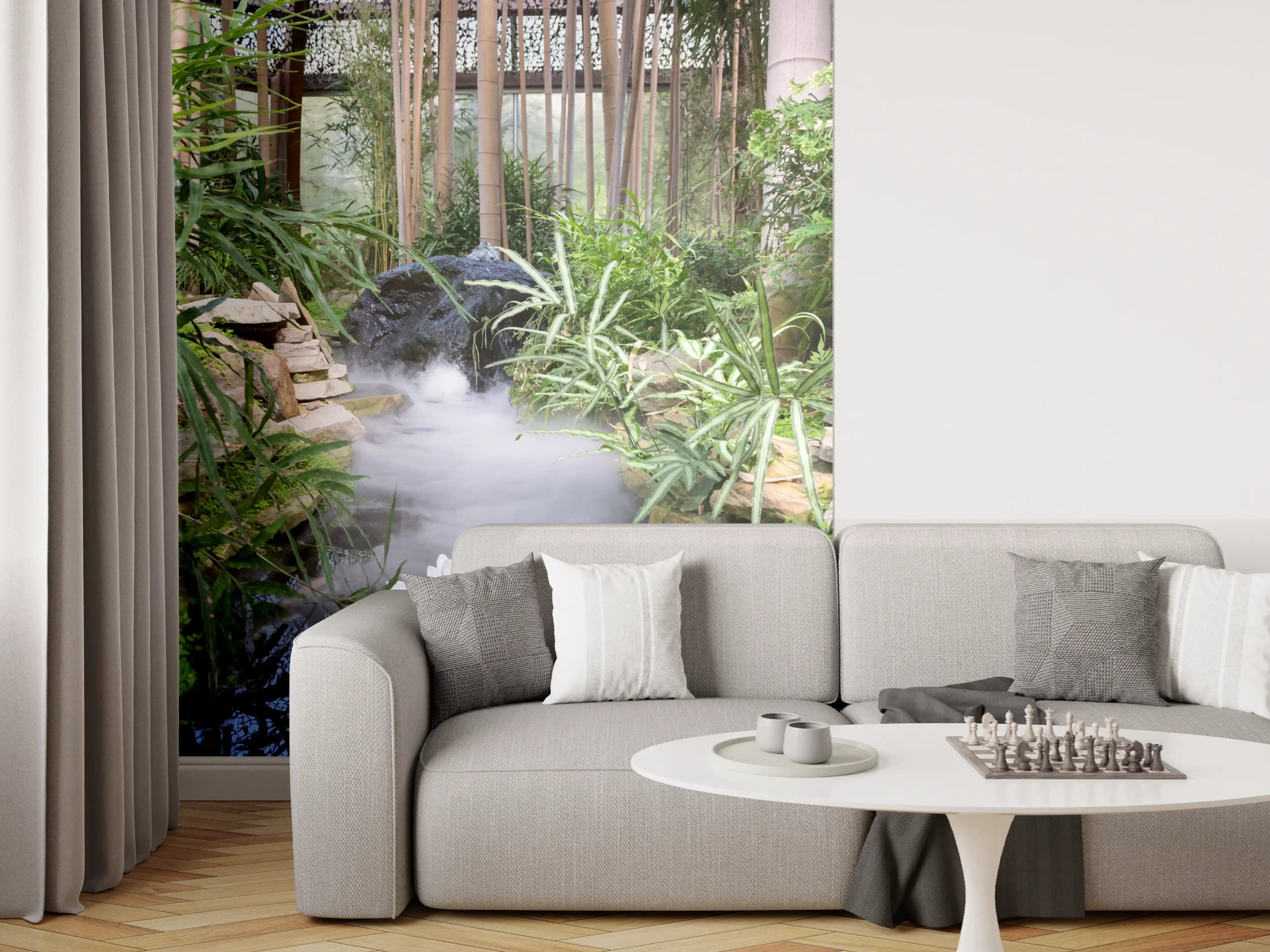 Wandverkleidung Wohnzimmer - Bezaubernder Garten mit Wasserfall und Lotusblume