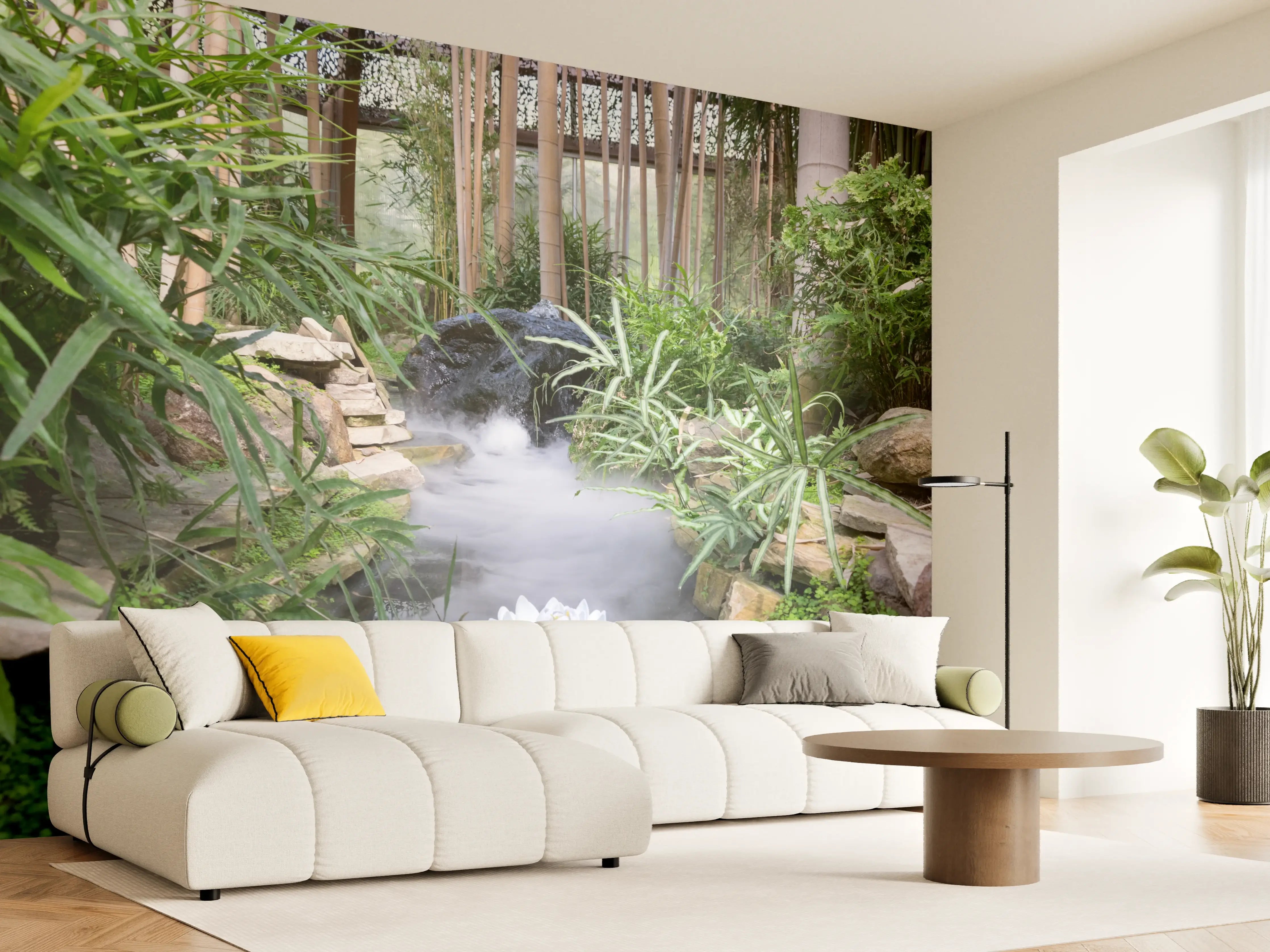 Wandverkleidung Wohnzimmer - Bezaubernder Garten mit Wasserfall und Lotusblume