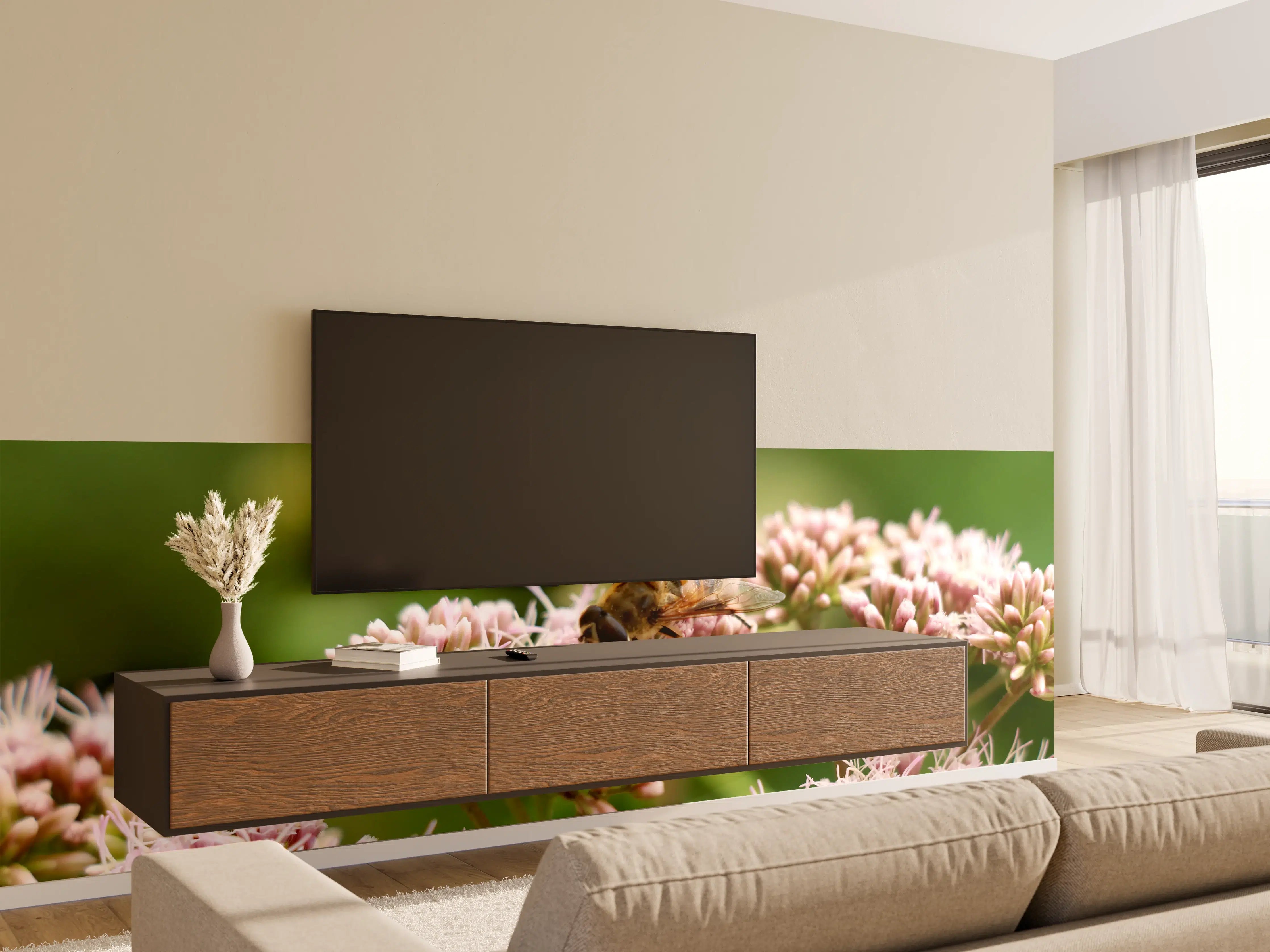 Wandverkleidung Wohnzimmer - Biene auf Rosa Blüten Makro
