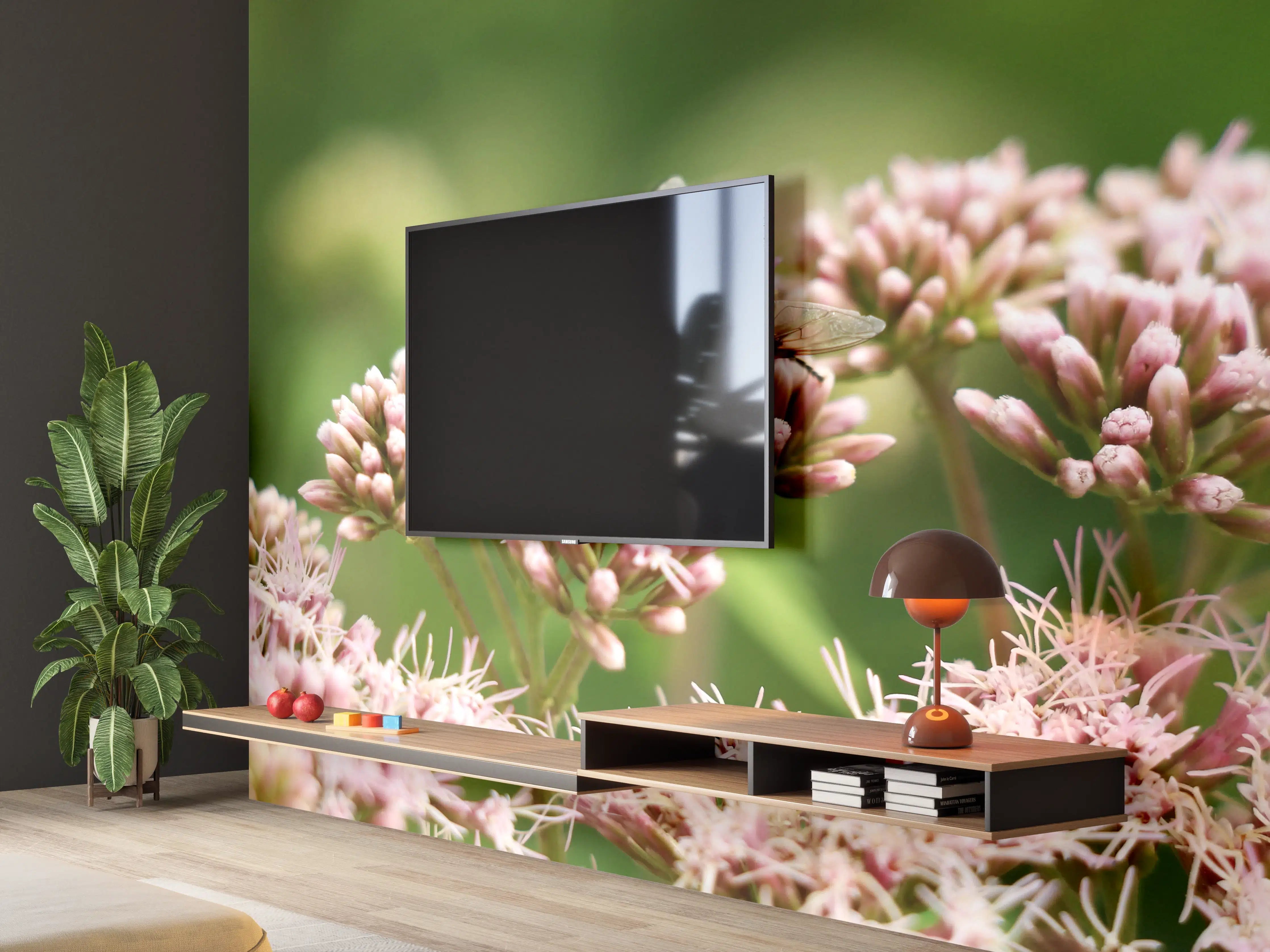Wandverkleidung Wohnzimmer - Biene auf Rosa Blüten Makro
