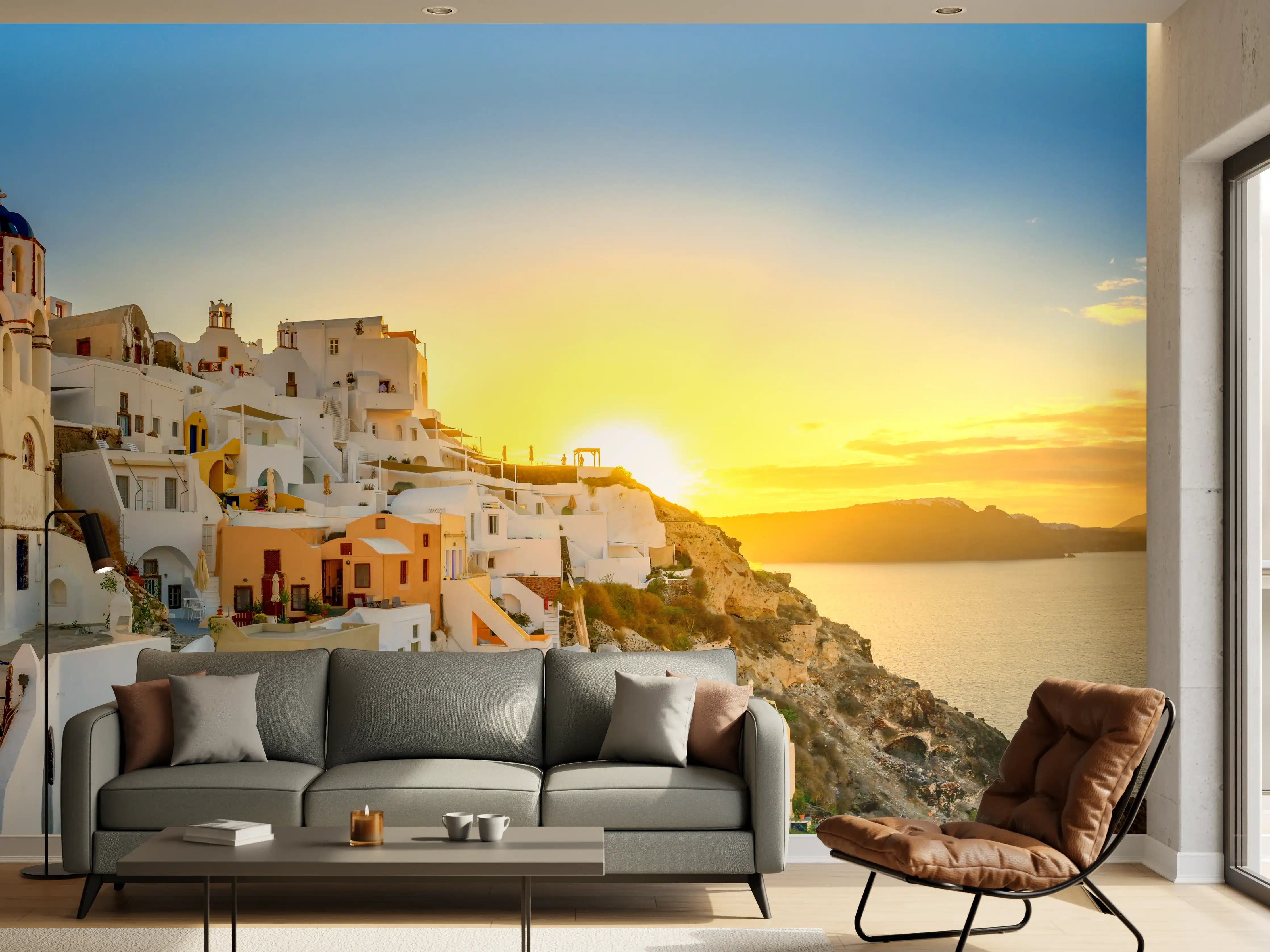 Wandverkleidung Wohnzimmer - Bilder von Santorini bei Sonnenuntergang