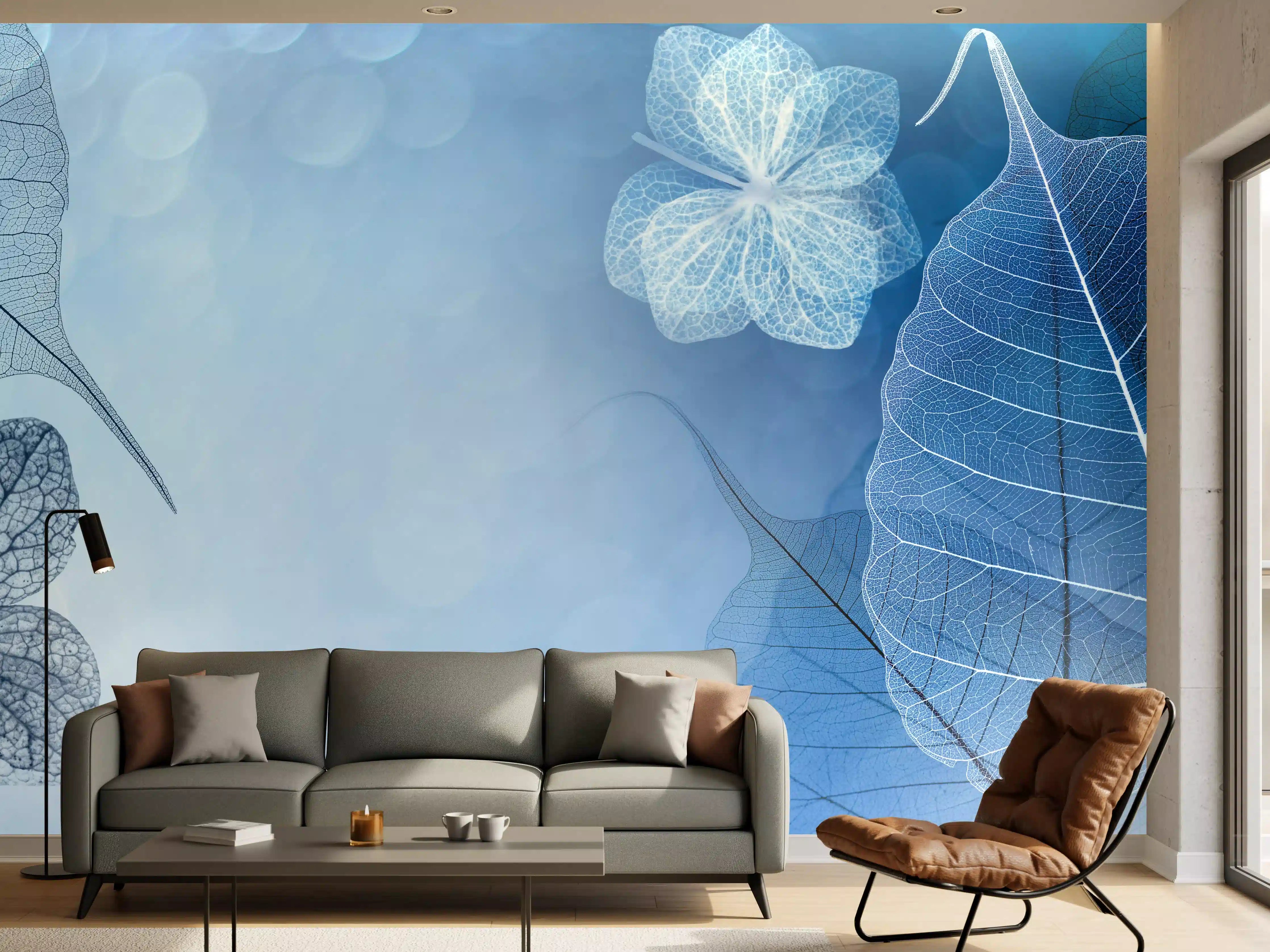Wandverkleidung Wohnzimmer - Blätter und Blumen in Blau