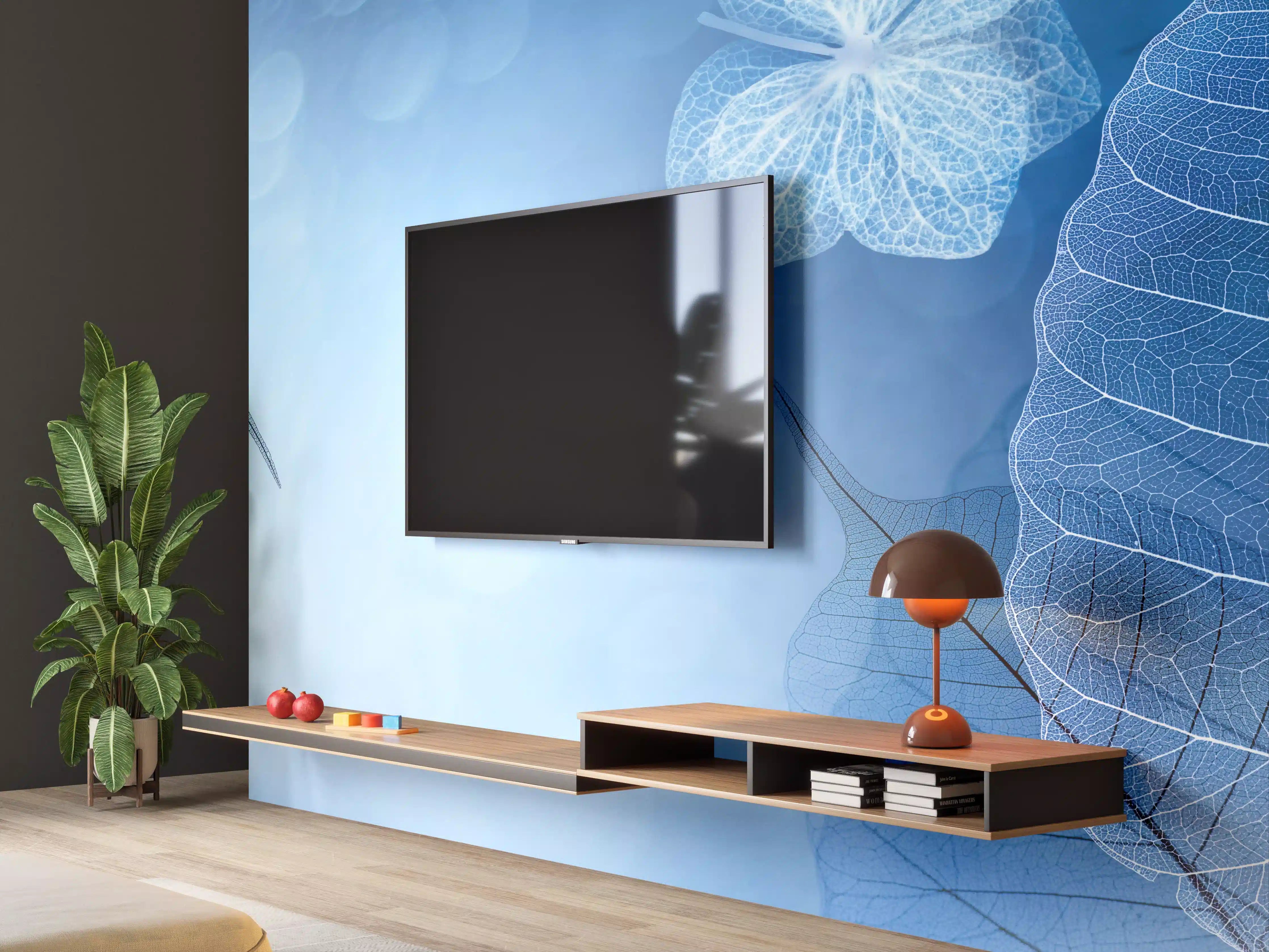 Wandverkleidung Wohnzimmer - Blätter und Blumen in Blau