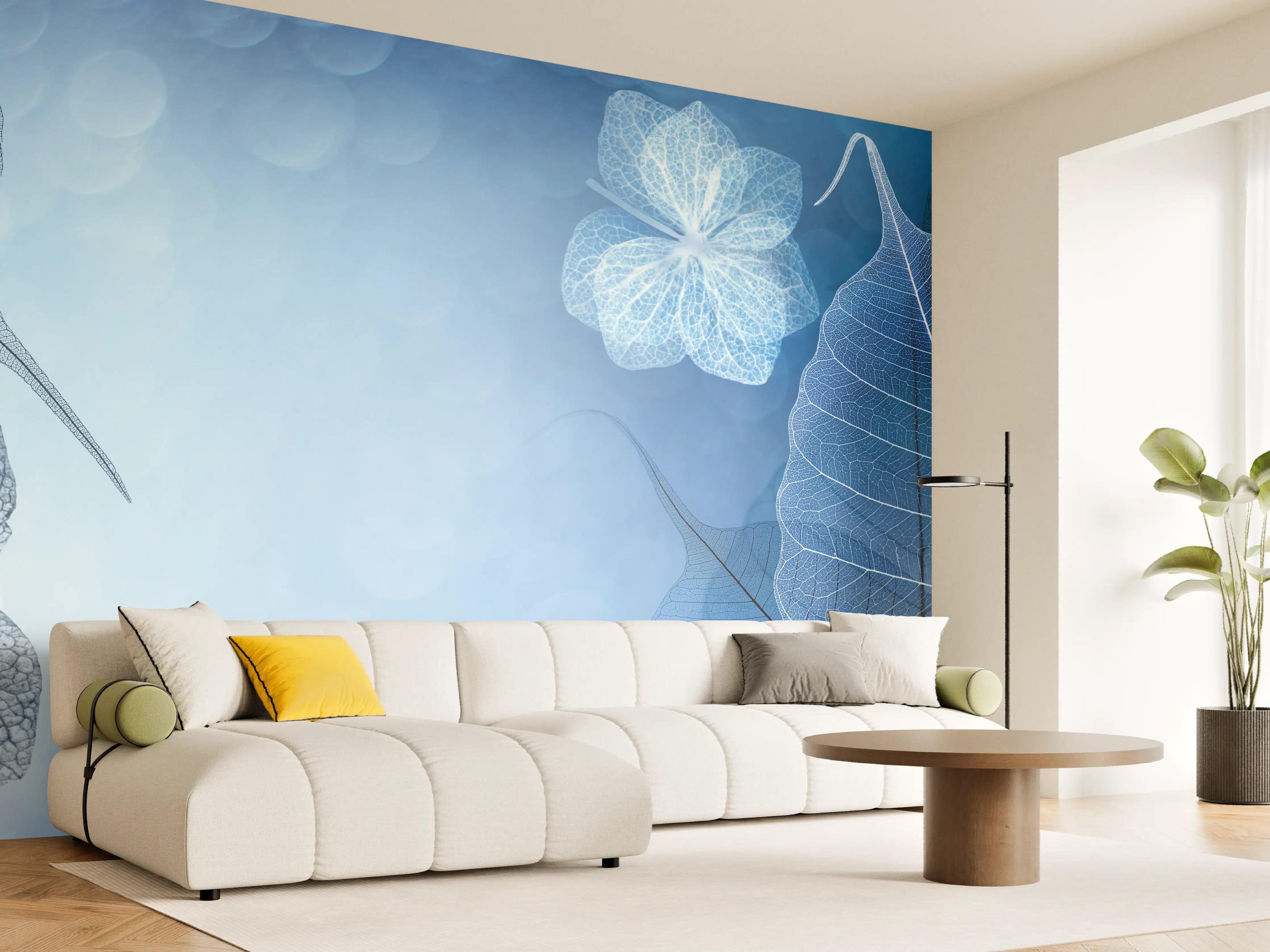 Wandverkleidung Wohnzimmer - Blätter und Blumen in Blau