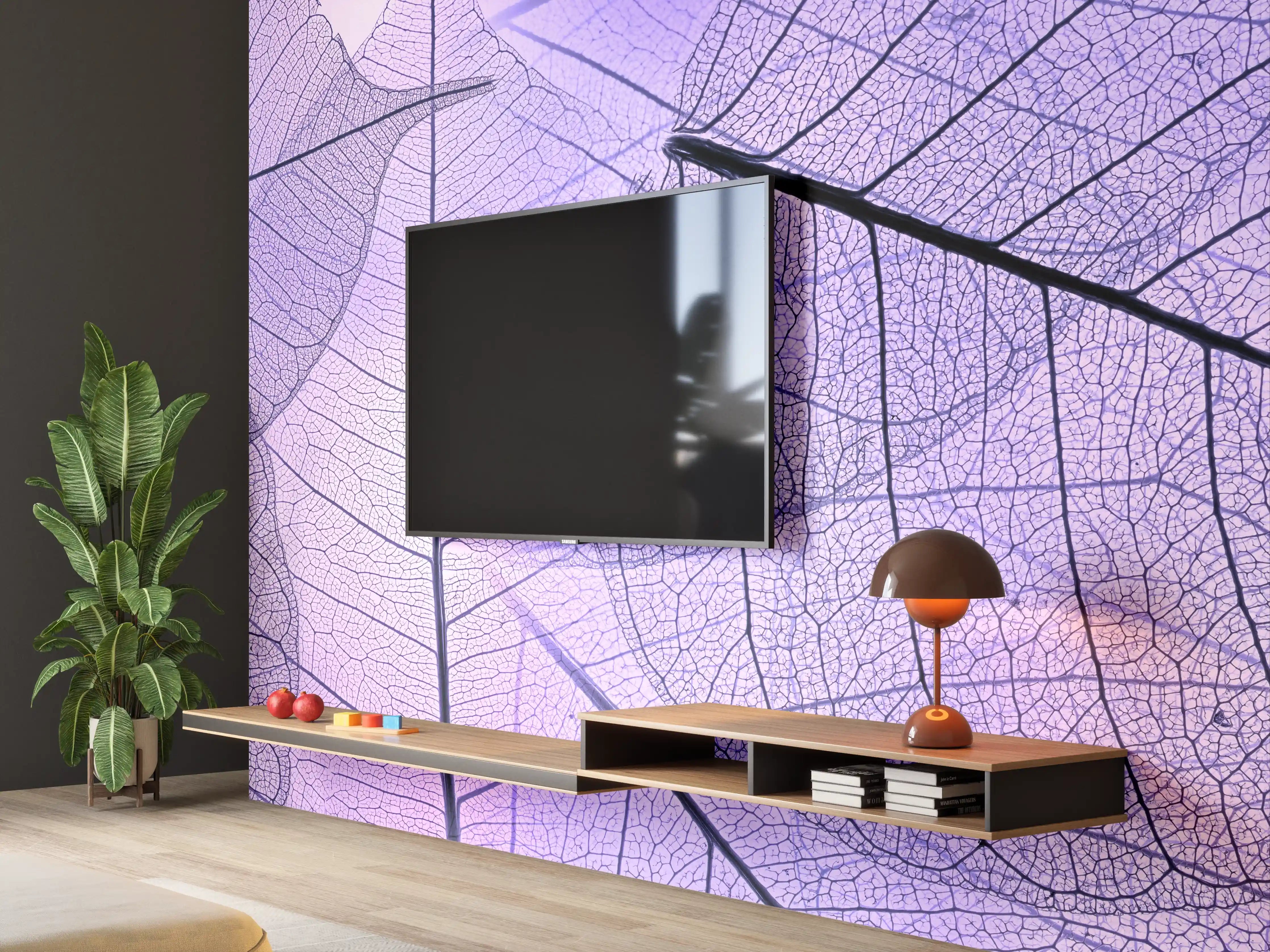 Wandverkleidung Wohnzimmer - Bläuliche Blätterstruktur mit feinen Linien