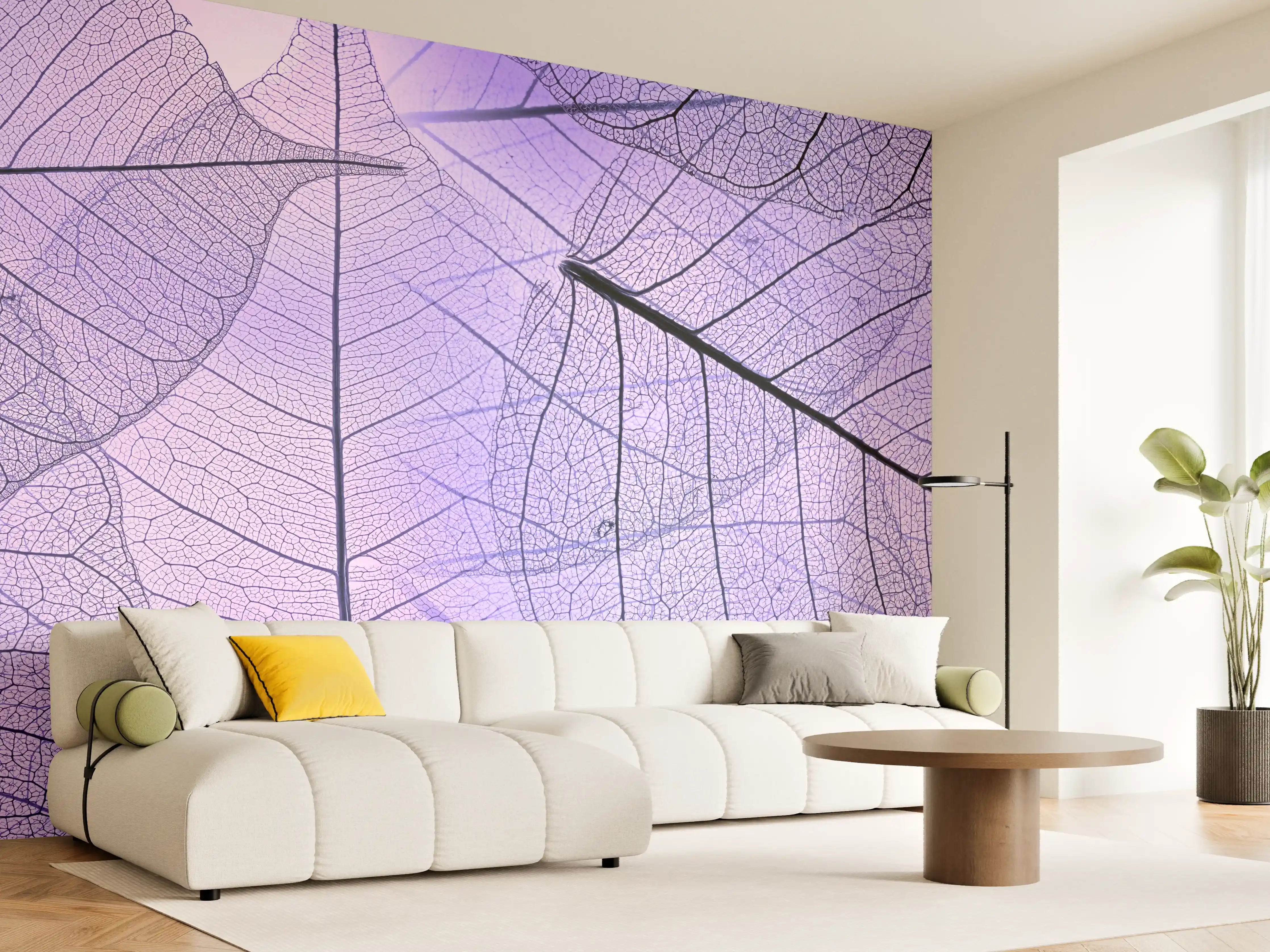 Wandverkleidung Wohnzimmer - Bläuliche Blätterstruktur mit feinen Linien