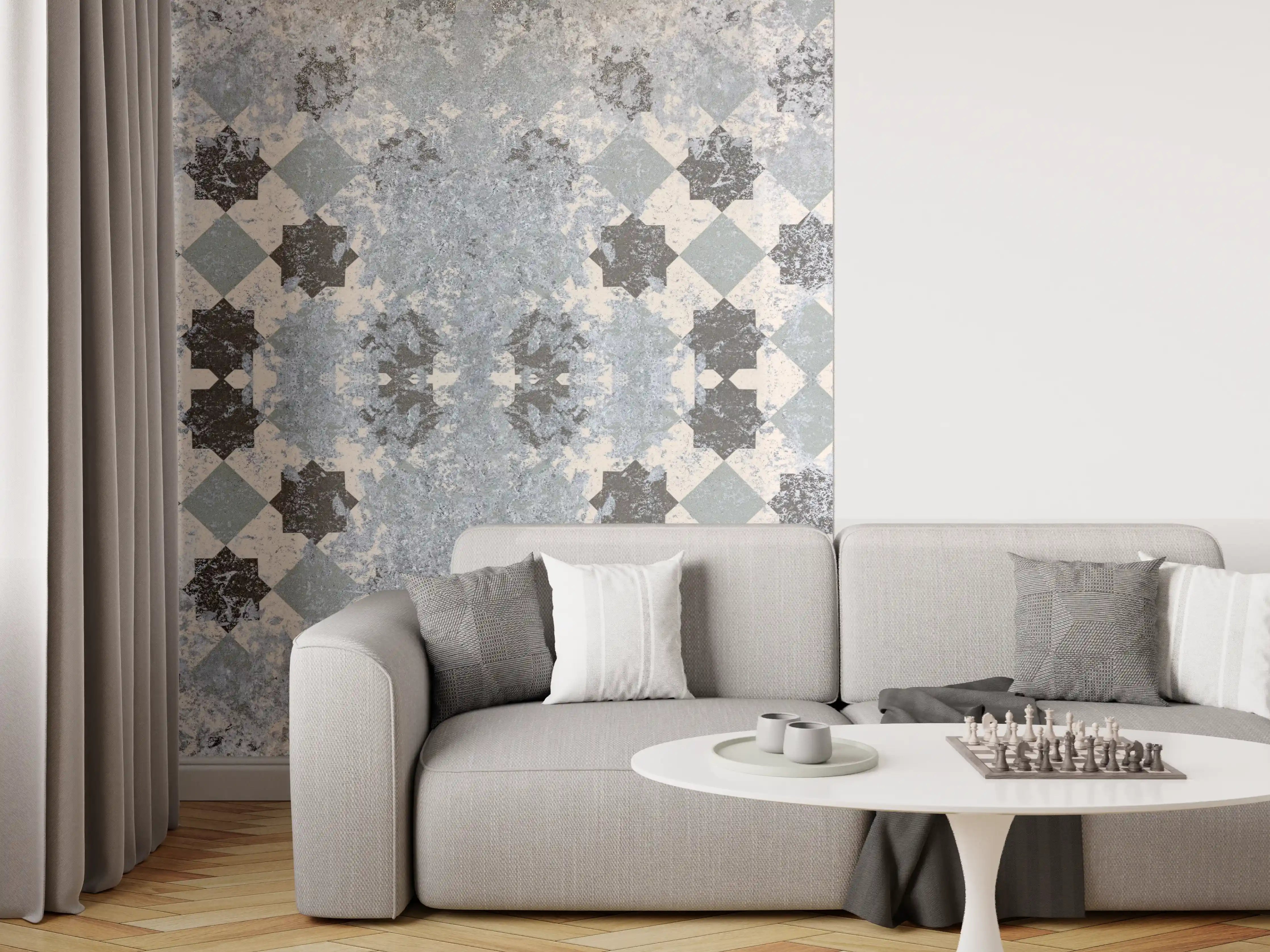 Wandverkleidung Wohnzimmer - Bläuliche Vintage Wandmuster