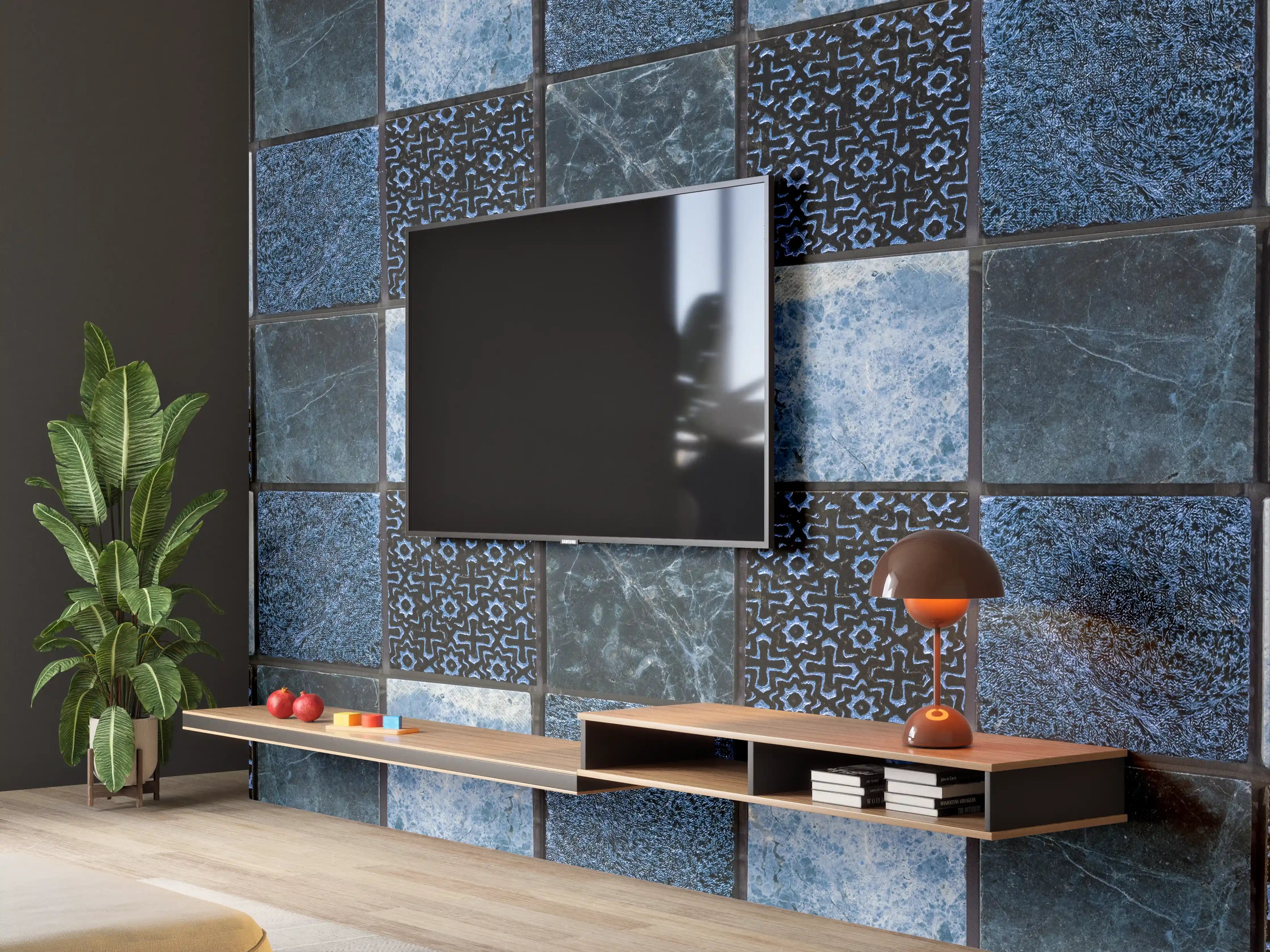 Wandverkleidung Wohnzimmer - Bläuliche quadratische Mosaiktextur