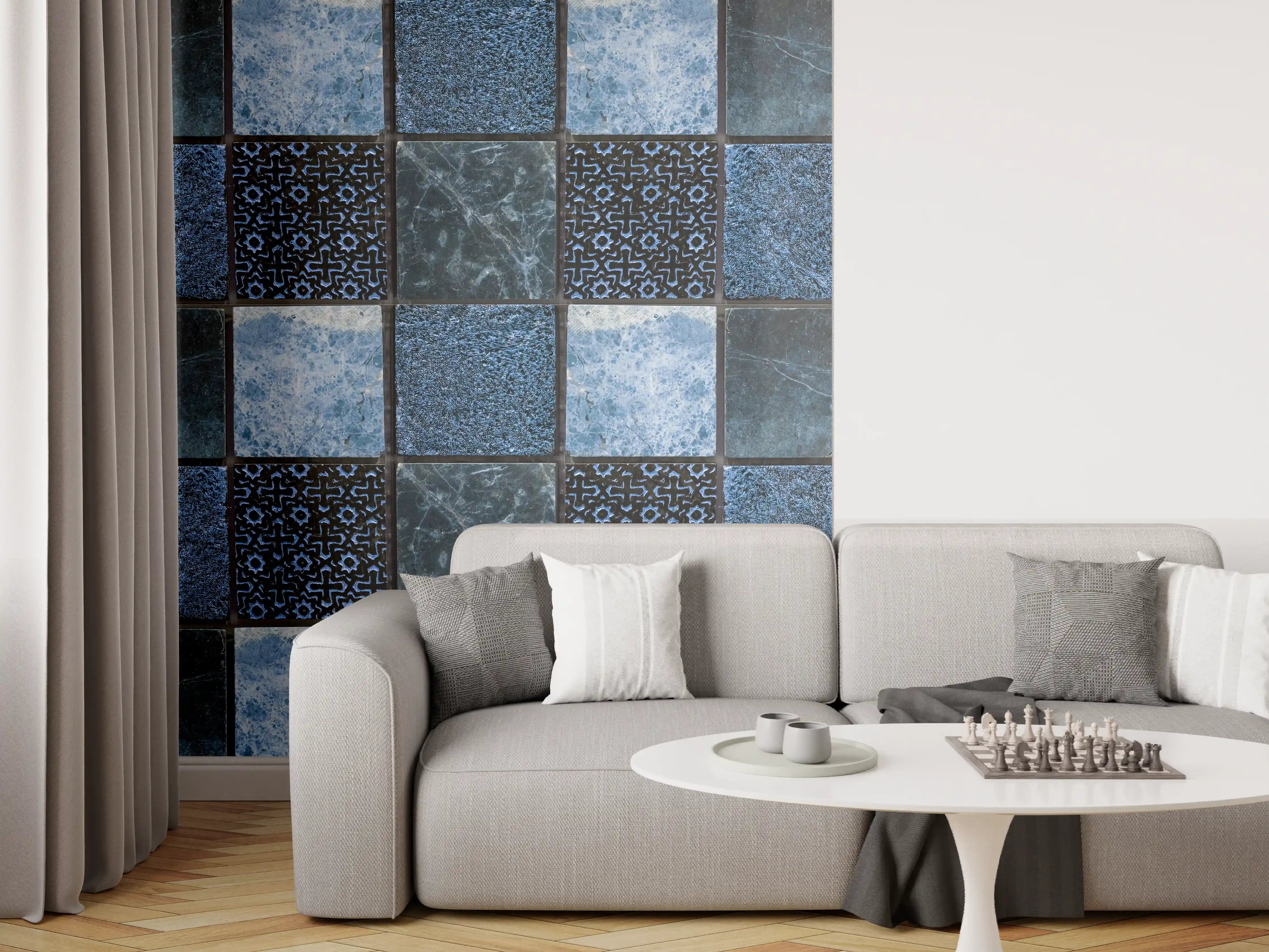 Wandverkleidung Wohnzimmer - Bläuliche quadratische Mosaiktextur