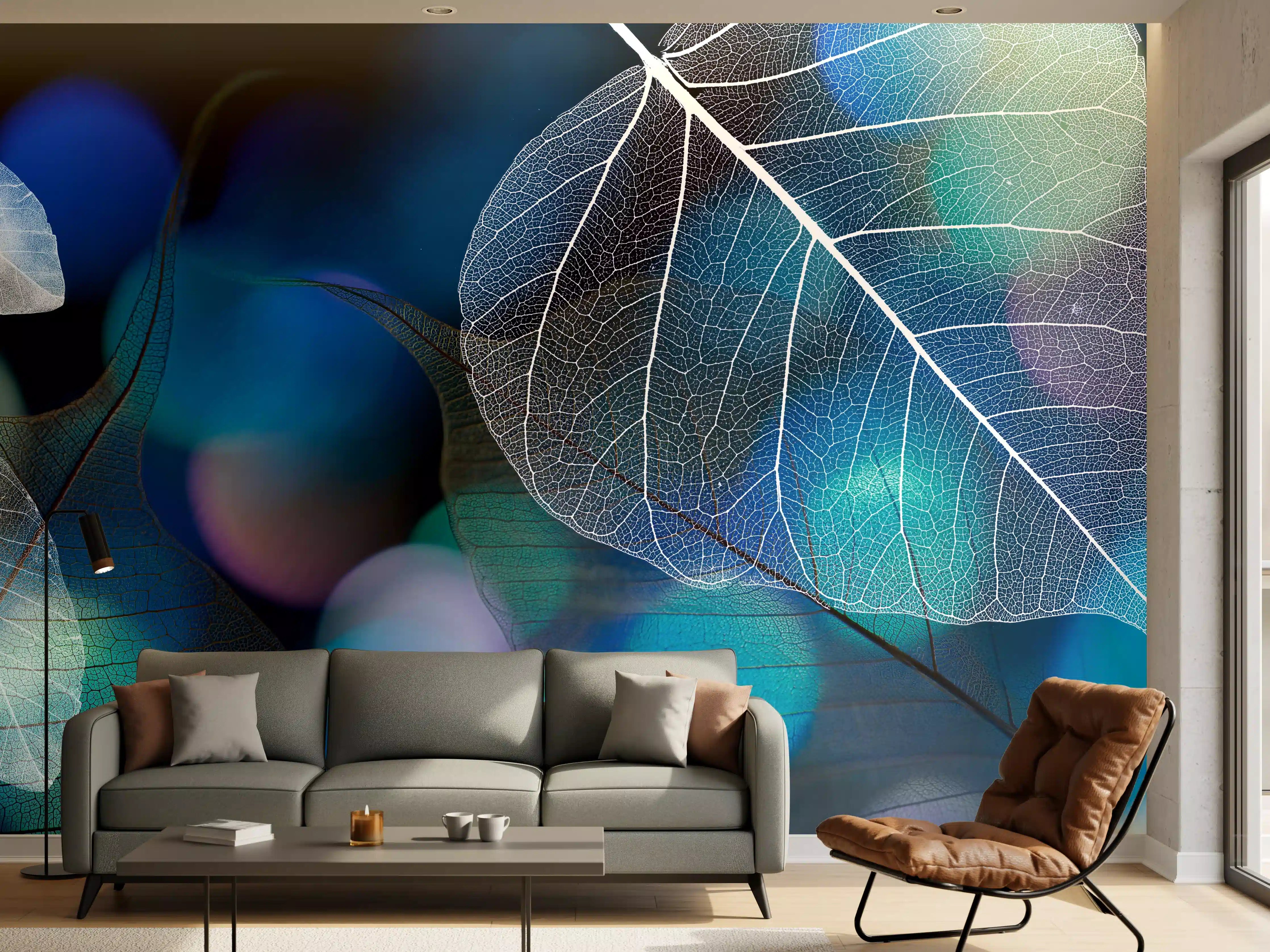Wandverkleidung Wohnzimmer - Blattstruktur mit Lichtbokeh Effekt