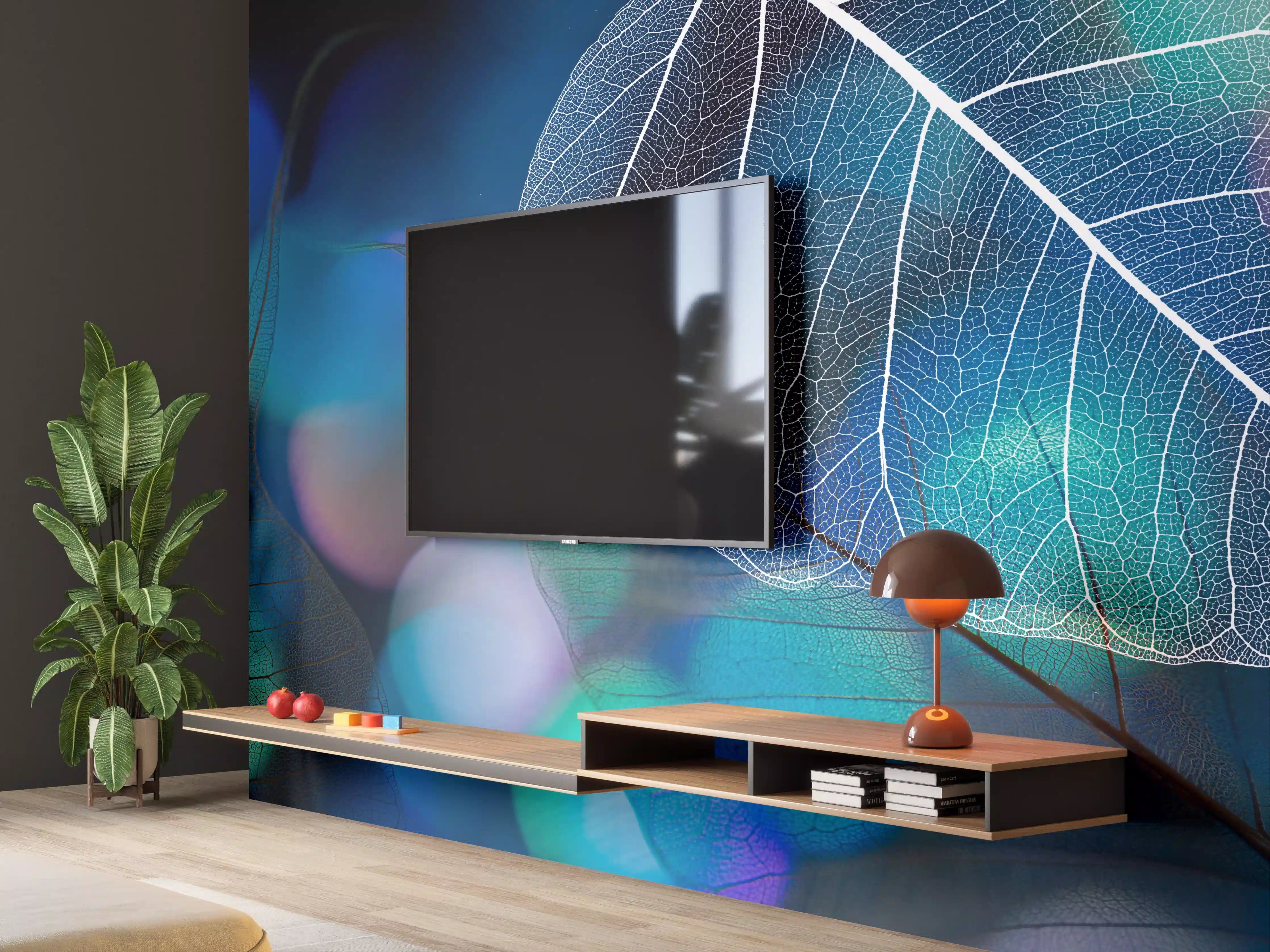 Wandverkleidung Wohnzimmer - Blattstruktur mit Lichtbokeh Effekt
