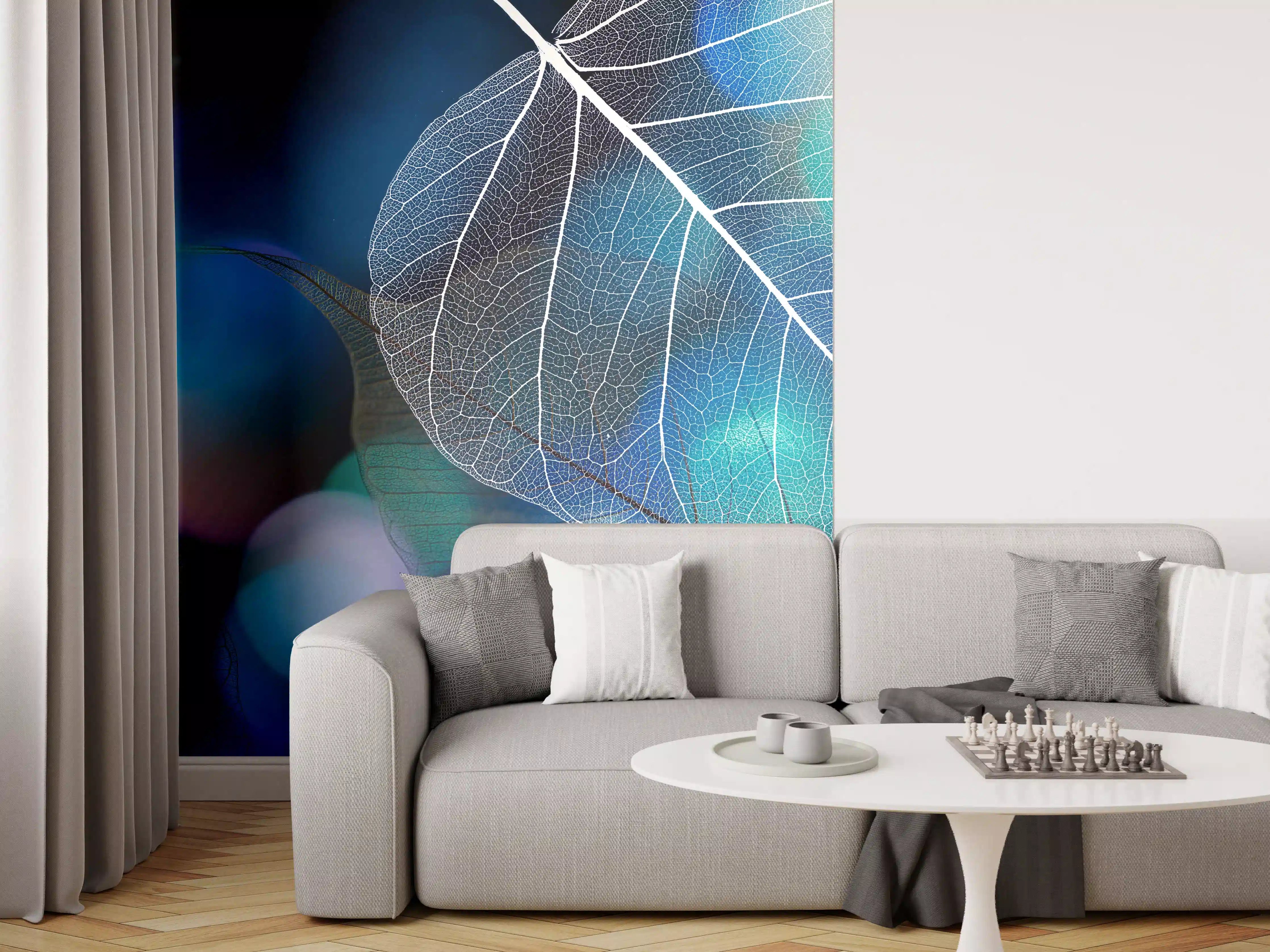 Wandverkleidung Wohnzimmer - Blattstruktur mit Lichtbokeh Effekt