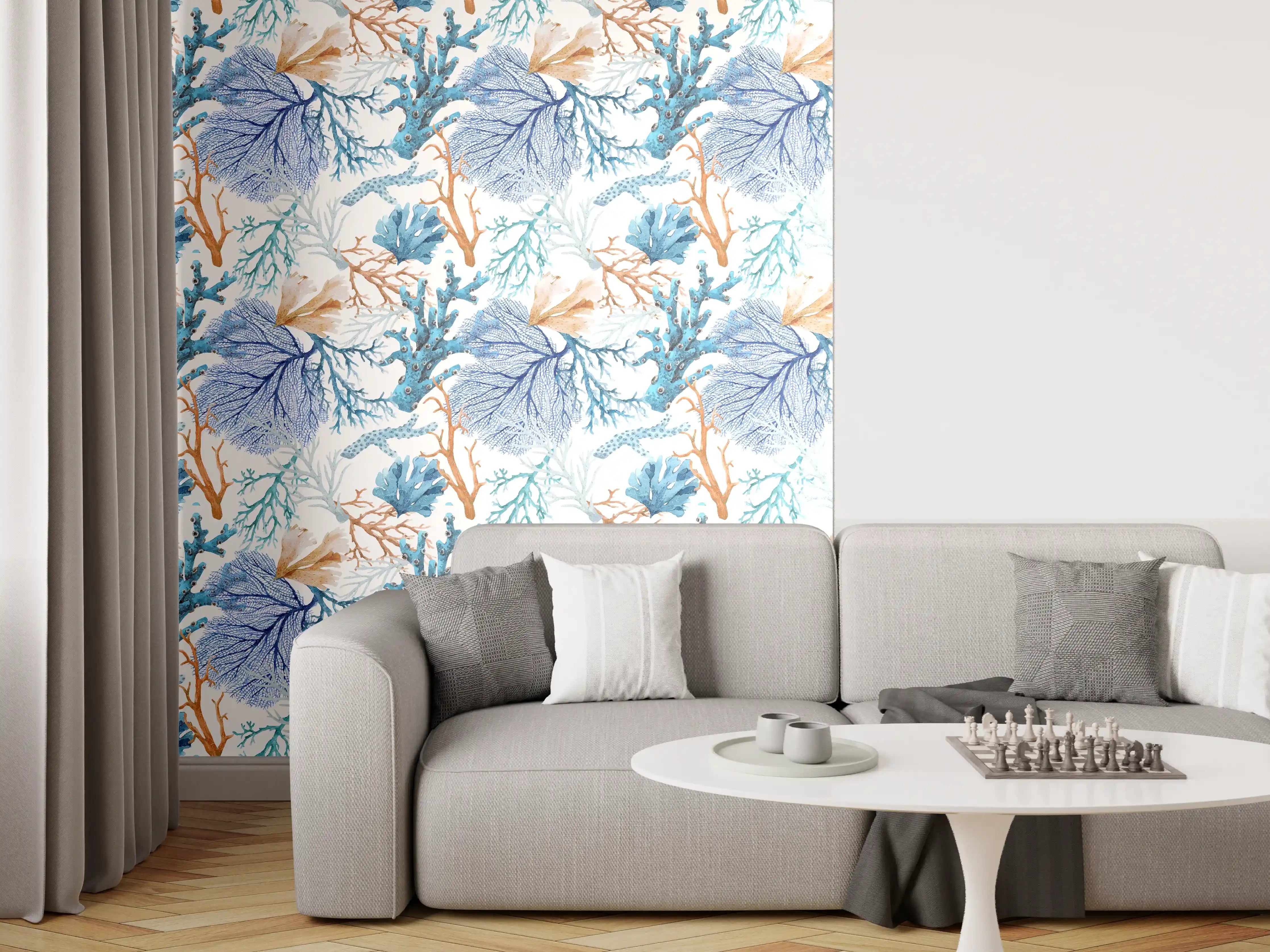 Wandverkleidung Wohnzimmer - Blau-Beige Korallenmuster