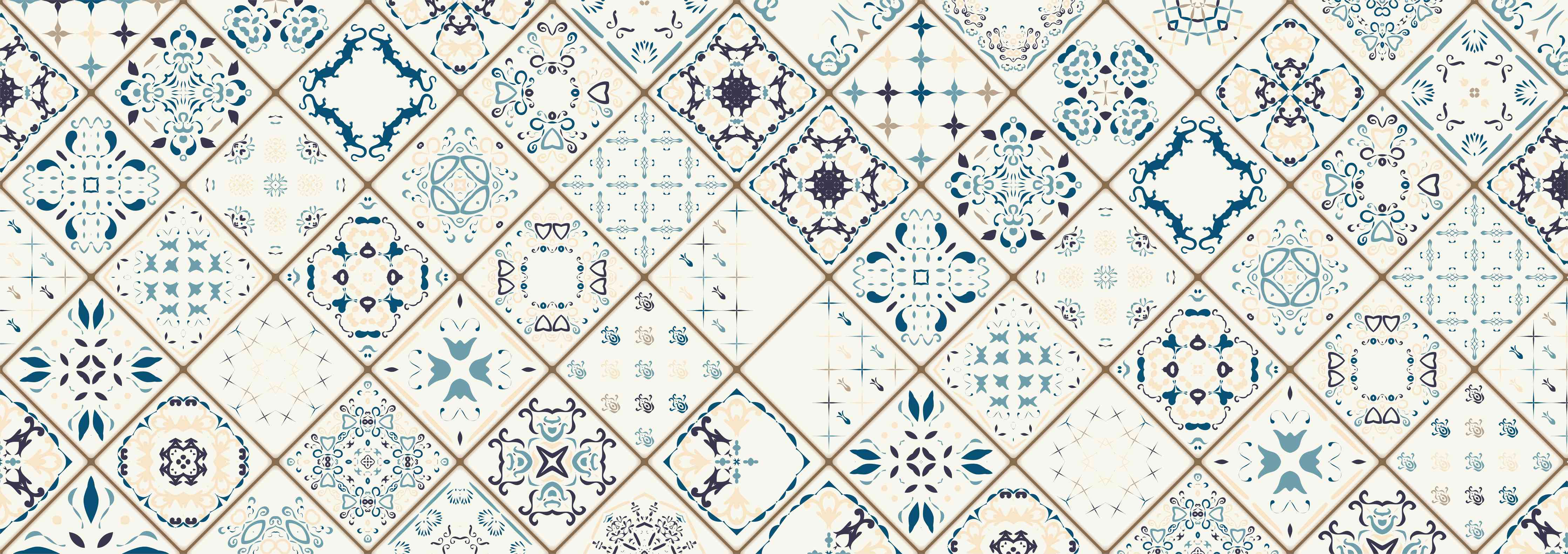 Wandverkleidung Wohnzimmer-Blau-Beige Retro Fliesendesign