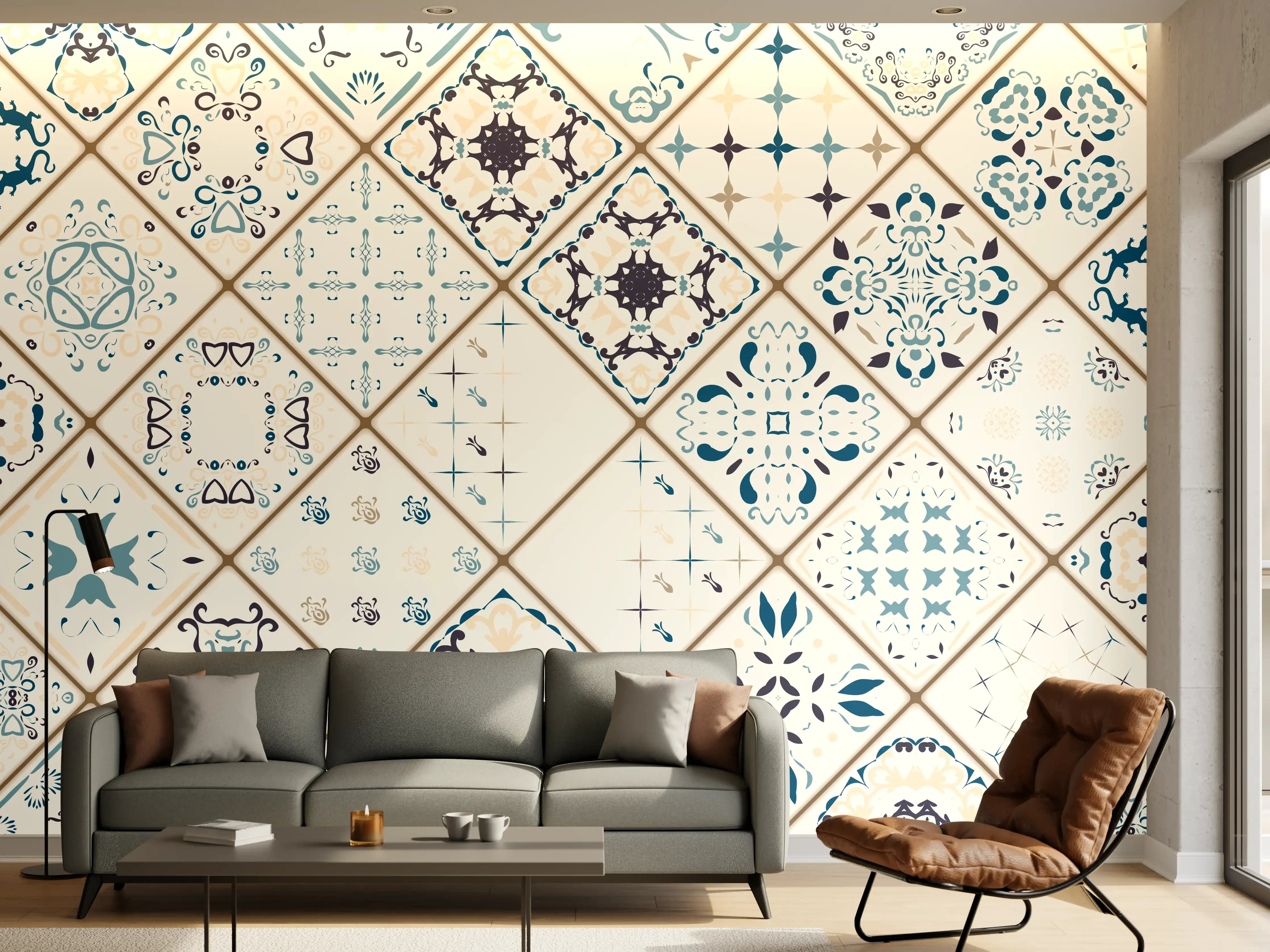 Wandverkleidung Wohnzimmer - Blau-Beige Retro Fliesendesign