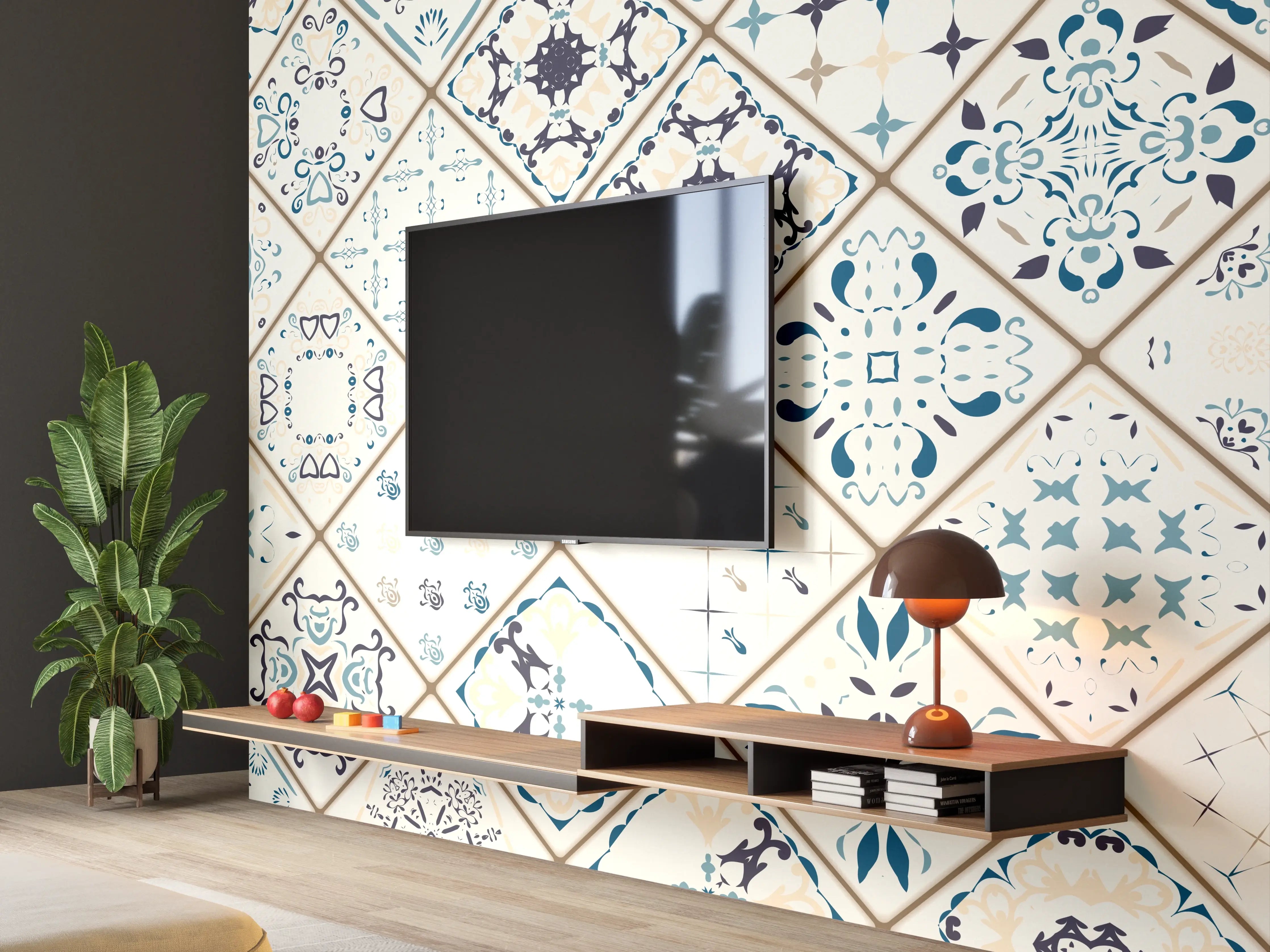 Wandverkleidung Wohnzimmer - Blau-Beige Retro Fliesendesign