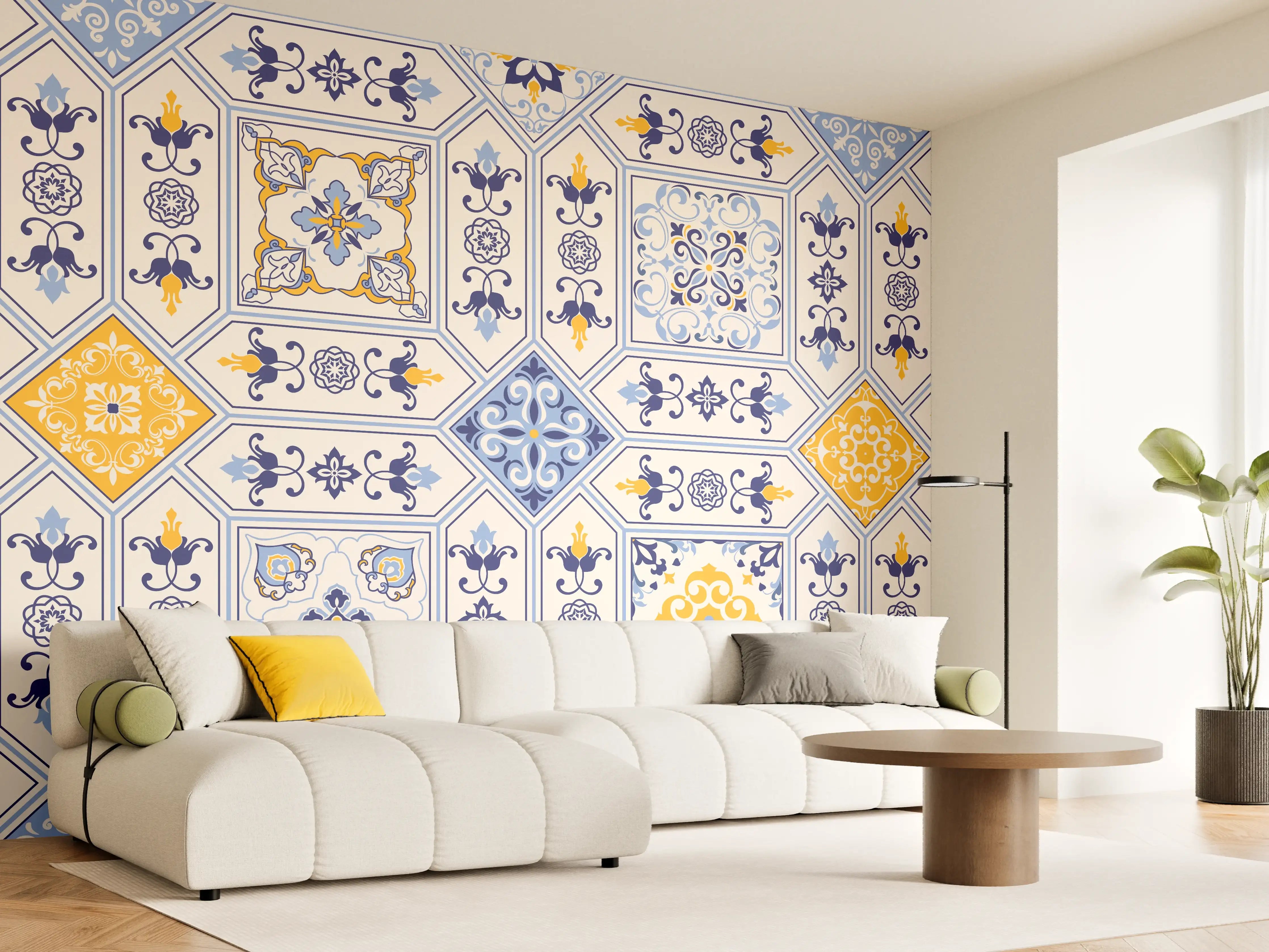 Wandverkleidung Wohnzimmer - Blau-Gelbe Fliesenmuster