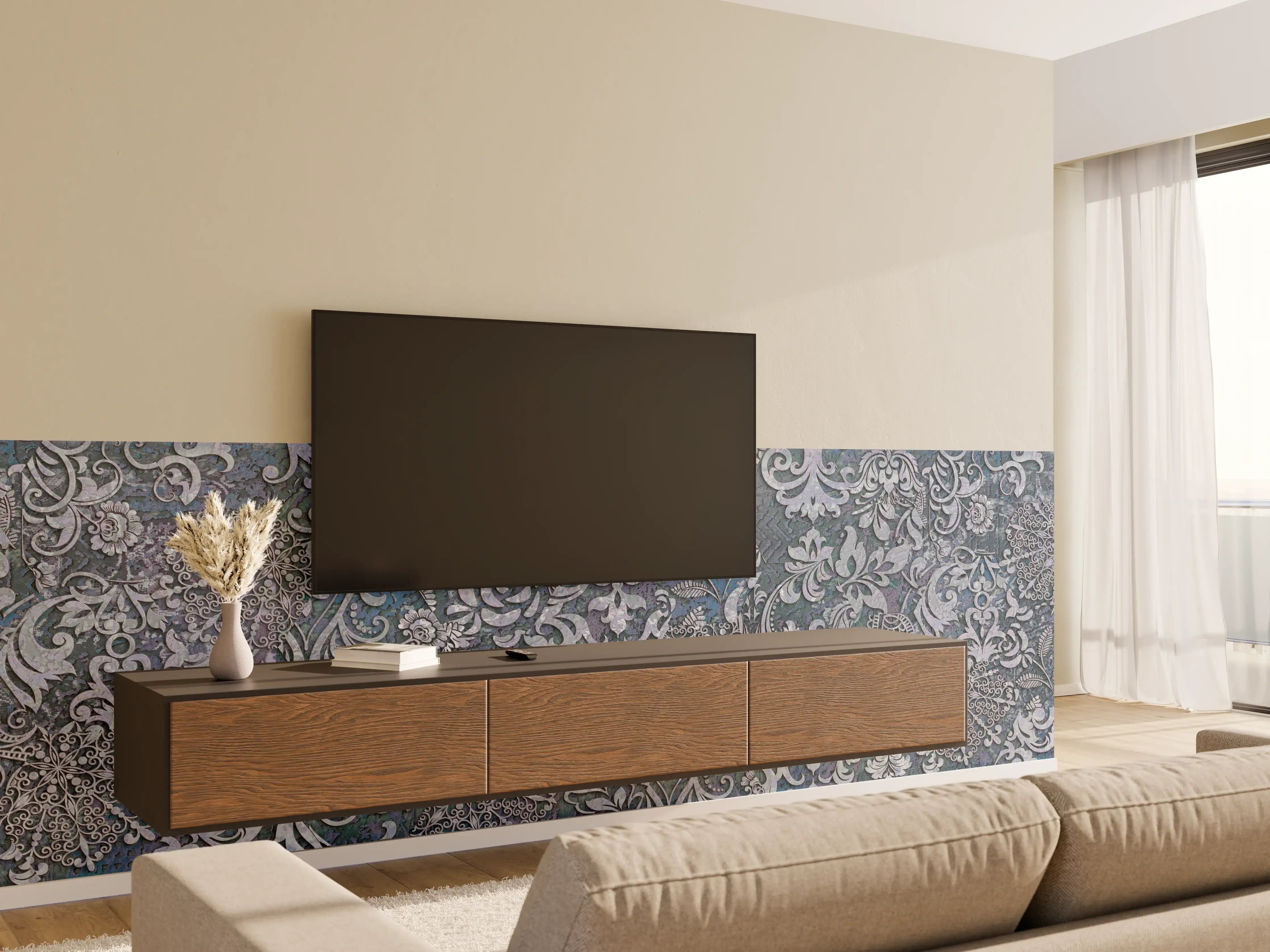 Wandverkleidung Wohnzimmer - Blau-Grau Vintage Kunst