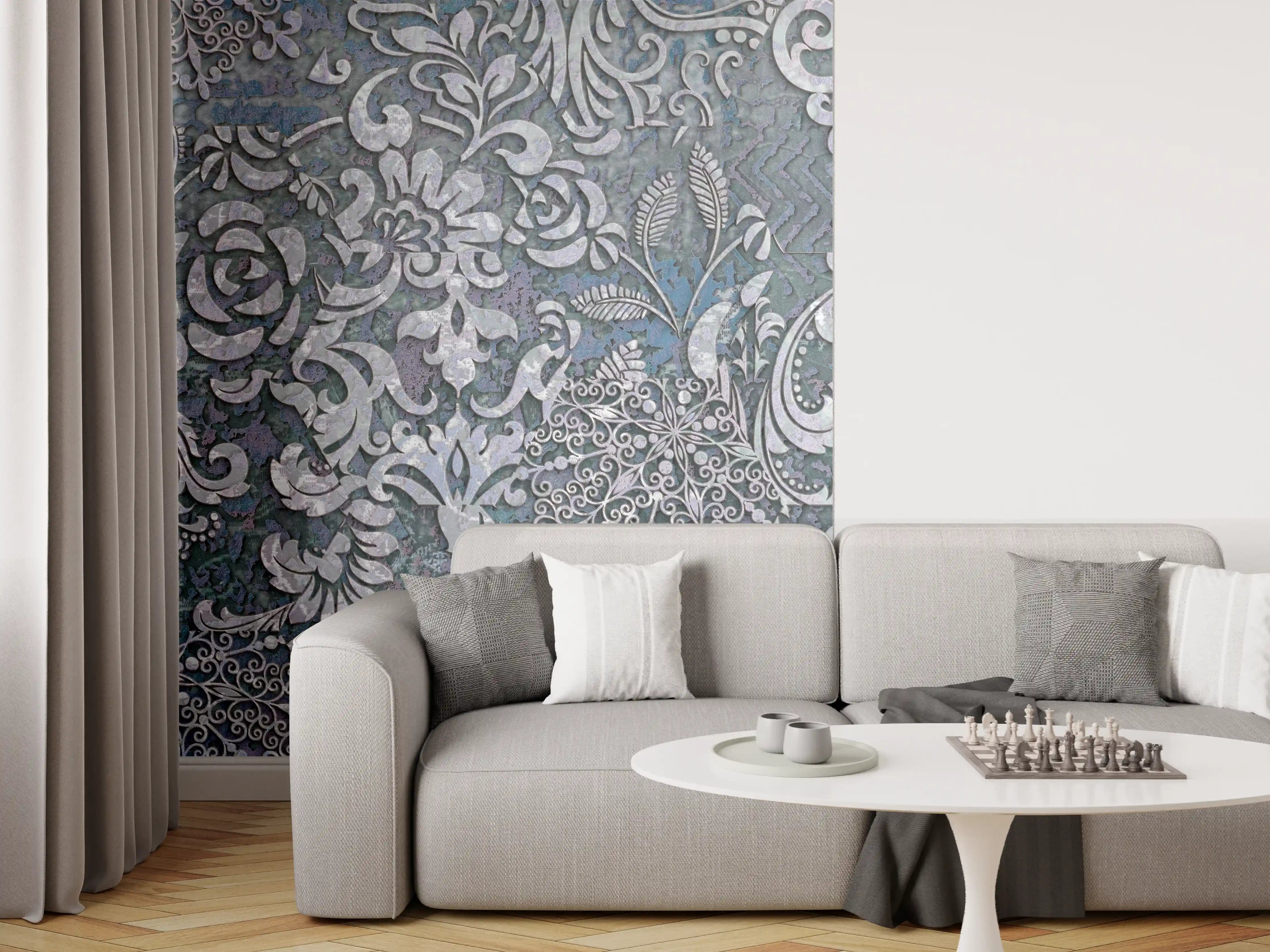 Wandverkleidung Wohnzimmer - Blau-Grau Vintage Kunst