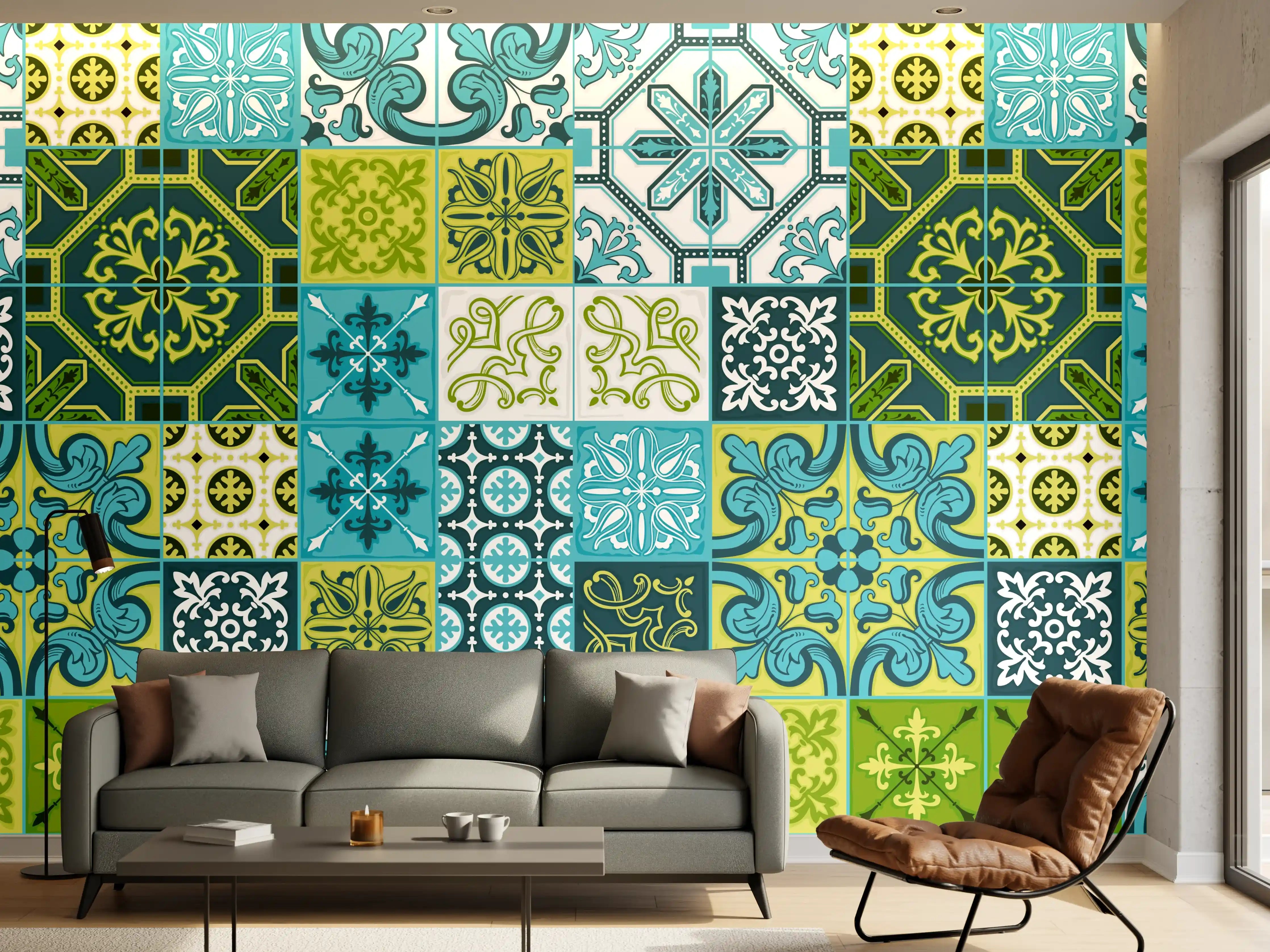Wandverkleidung Wohnzimmer - Blau-Grüne Deko-Fliesen