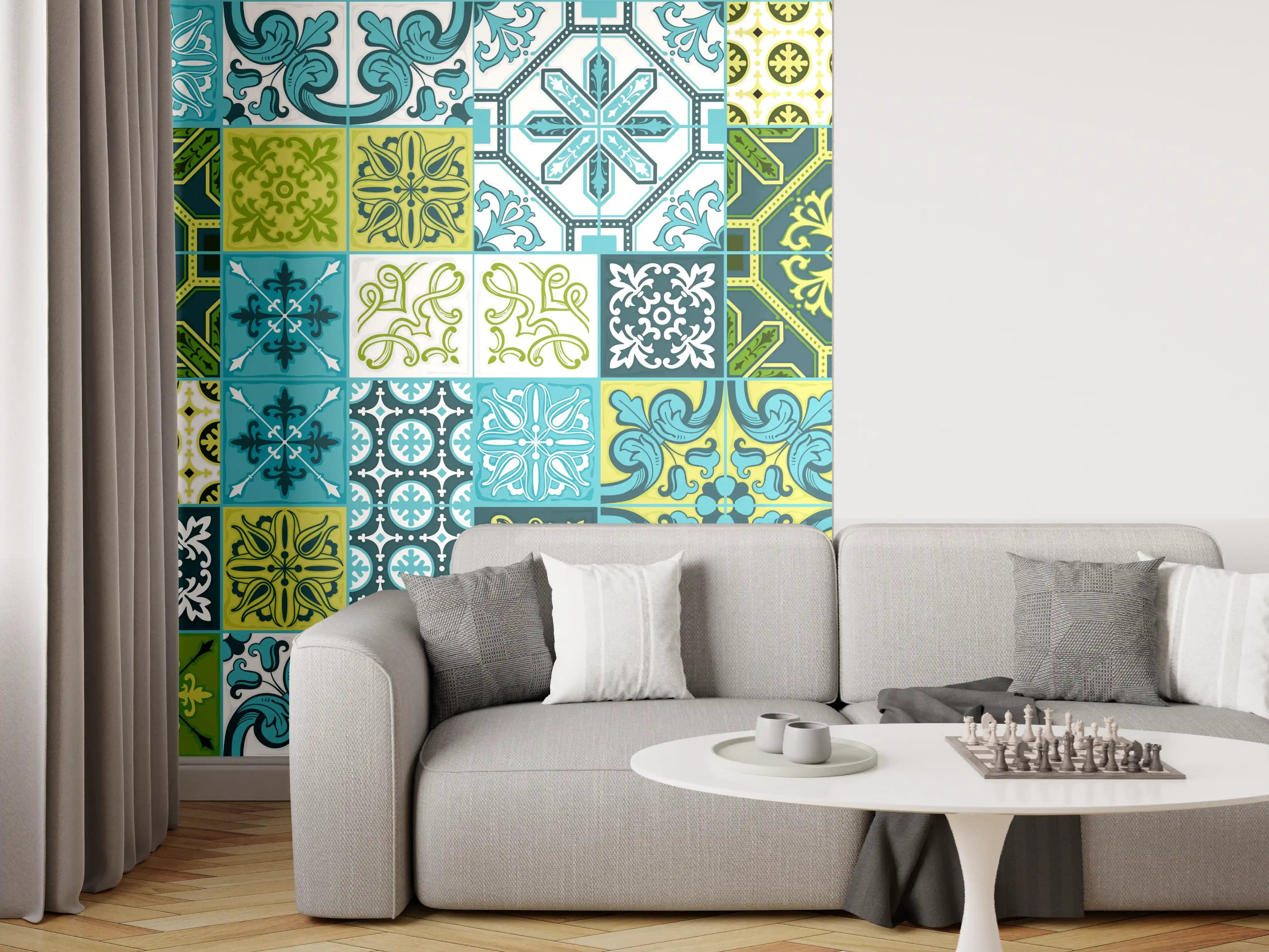 Wandverkleidung Wohnzimmer - Blau-Grüne Deko-Fliesen