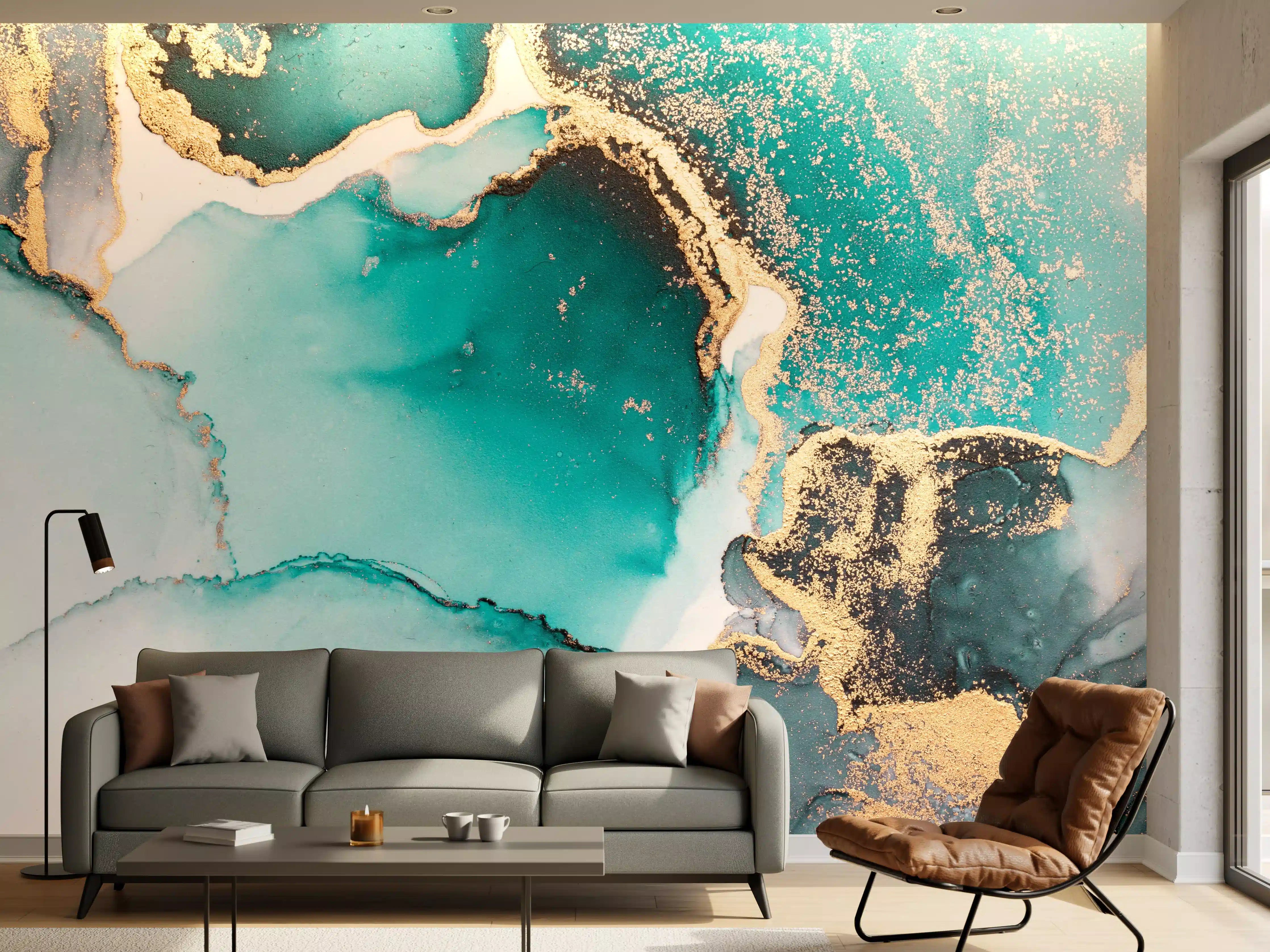Wandverkleidung Wohnzimmer - Blau-Türkis Gold Akzent Wandkunst