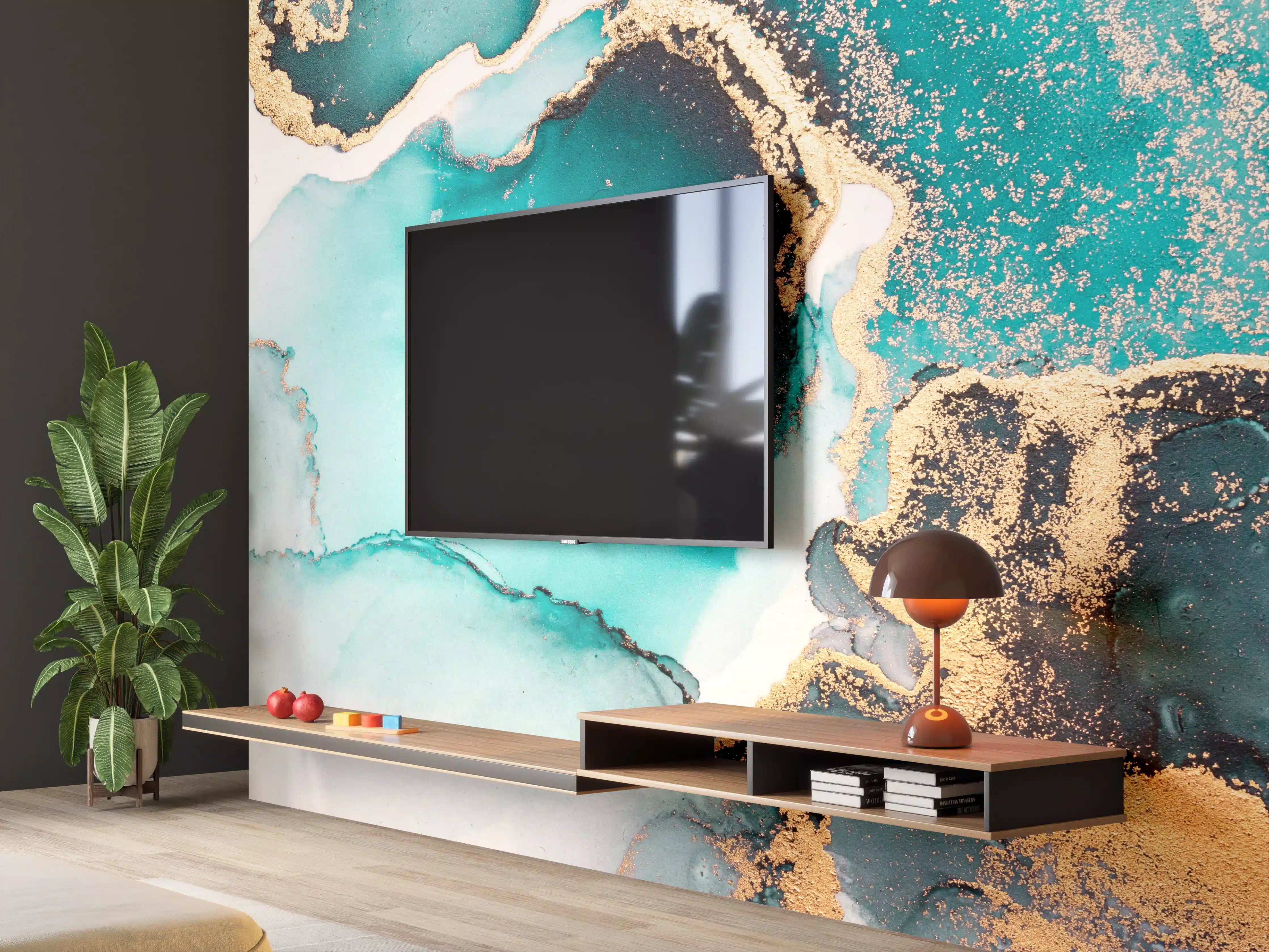 Wandverkleidung Wohnzimmer - Blau-Türkis Gold Akzent Wandkunst