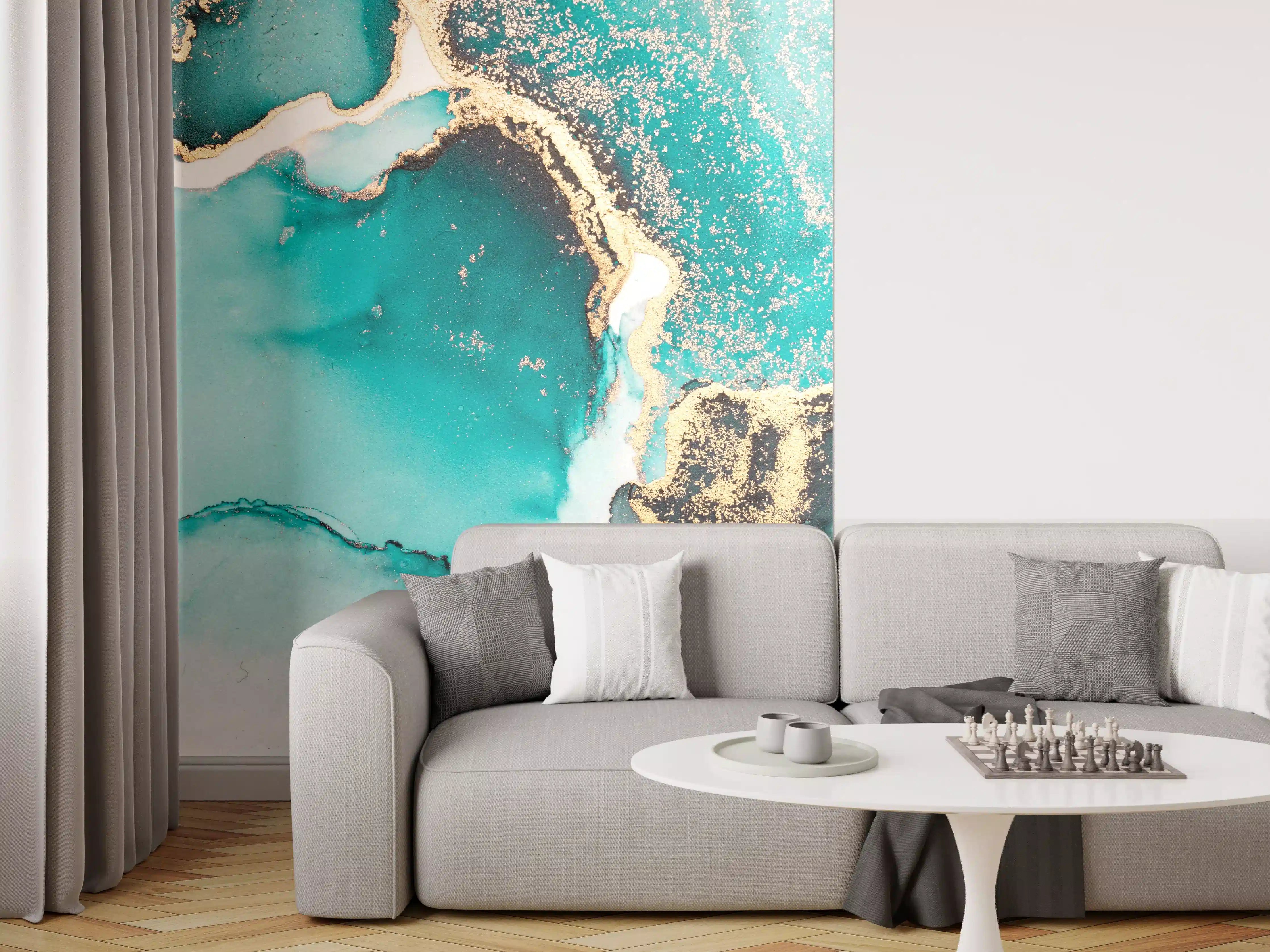 Wandverkleidung Wohnzimmer - Blau-Türkis Gold Akzent Wandkunst