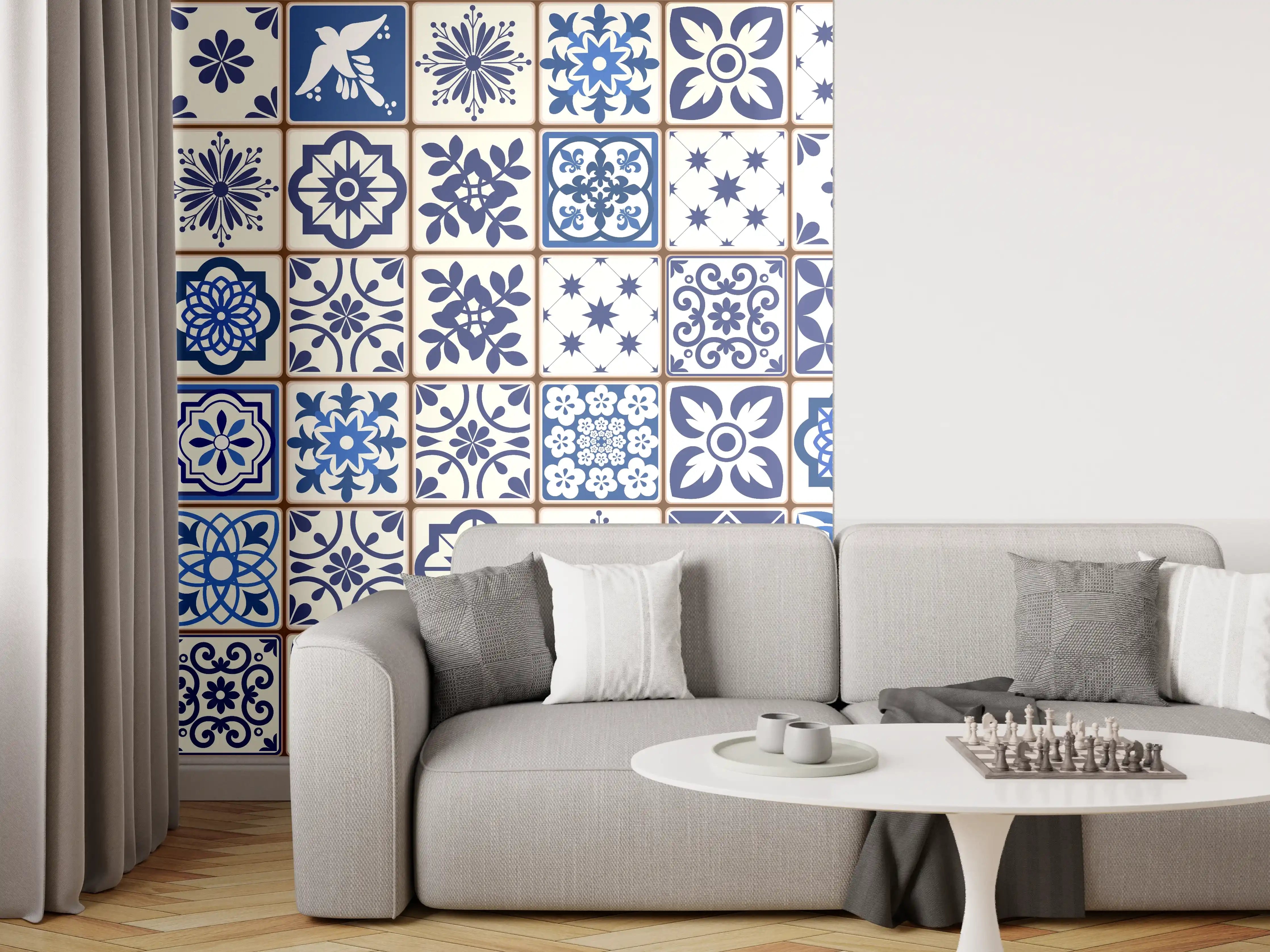 Wandverkleidung Wohnzimmer - Blau-Weiße Fliesenmuster
