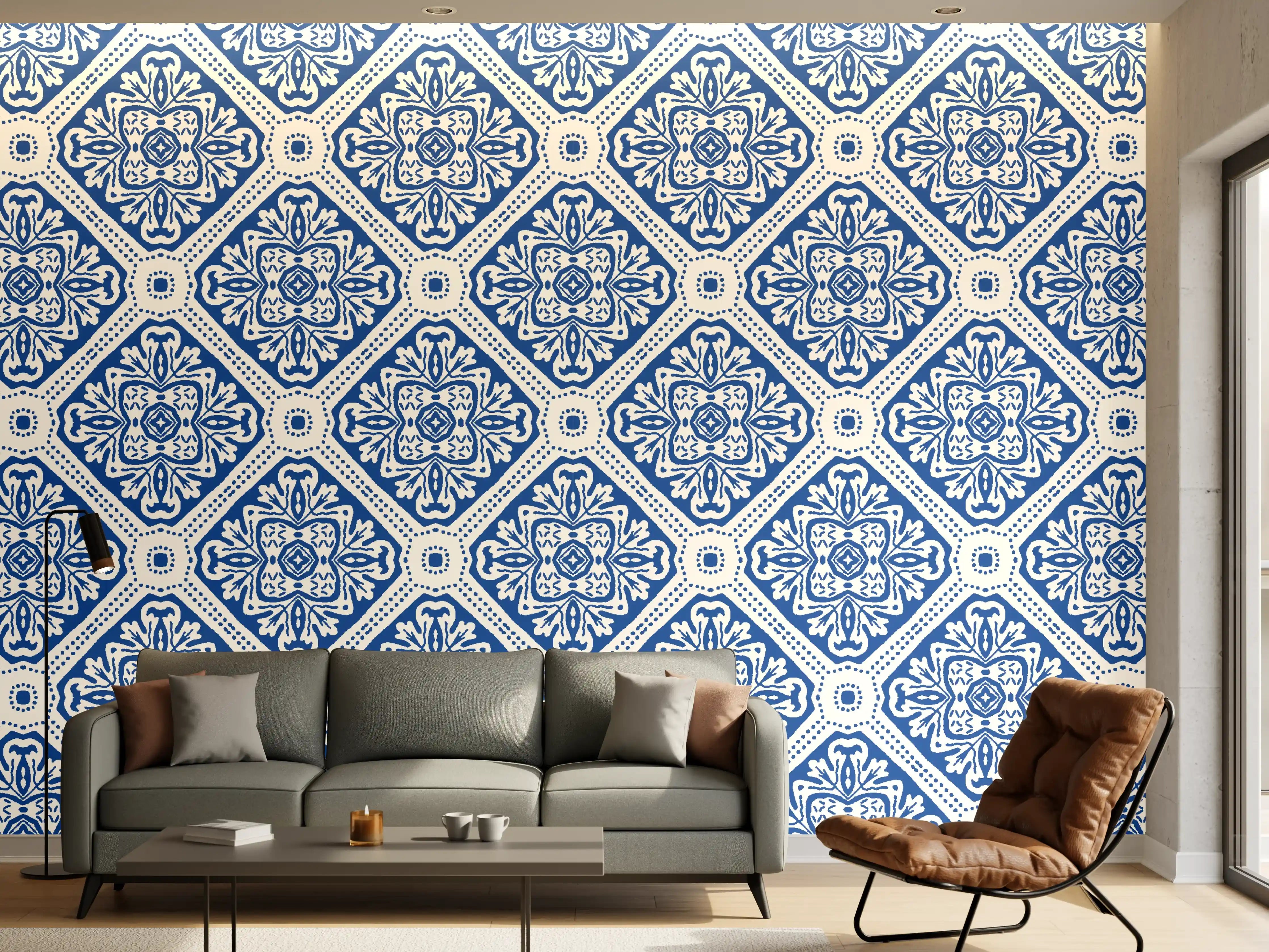 Wandverkleidung Wohnzimmer - Blau-Weißes Grafikmuster