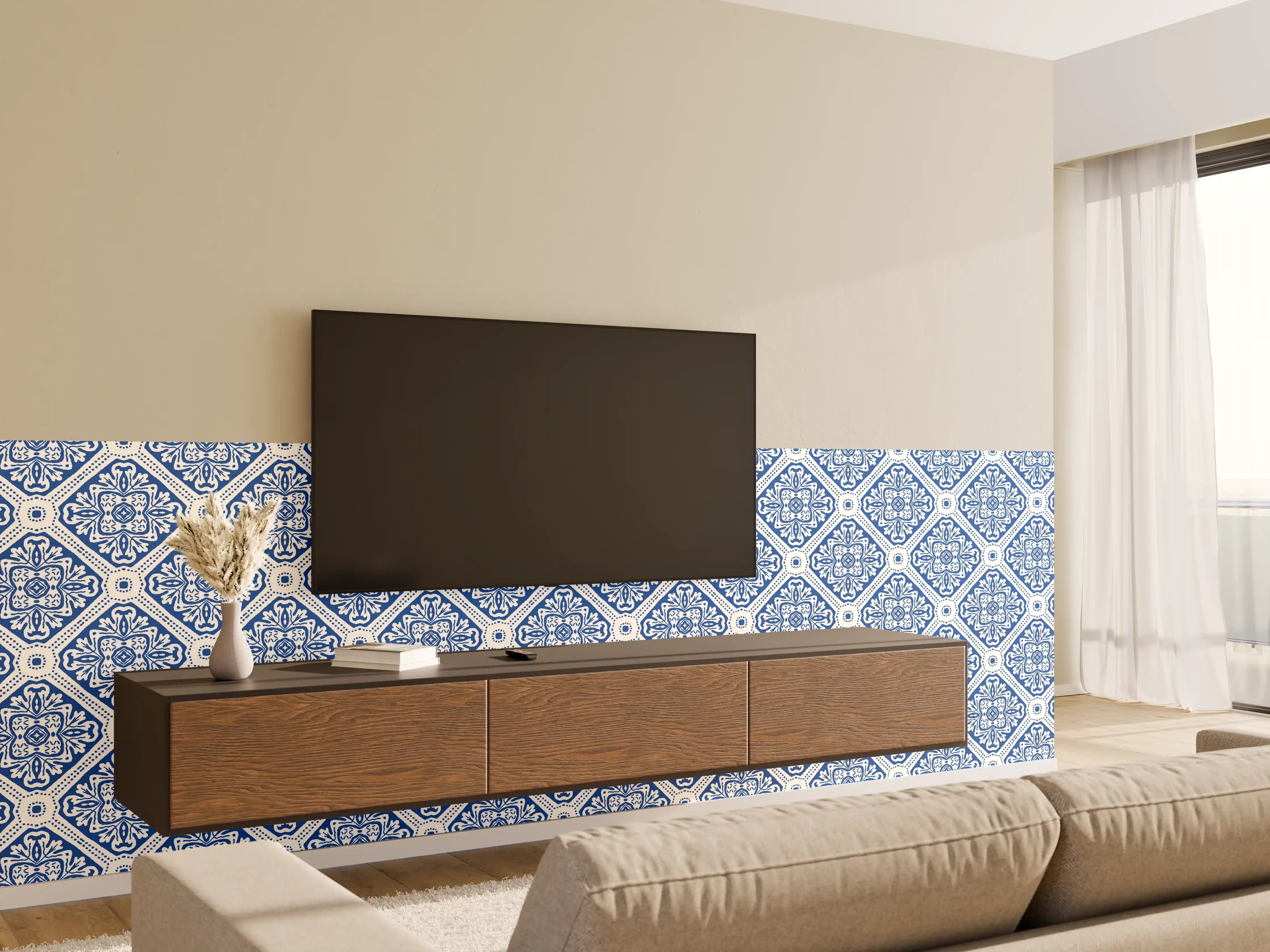 Wandverkleidung Wohnzimmer - Blau-Weißes Grafikmuster