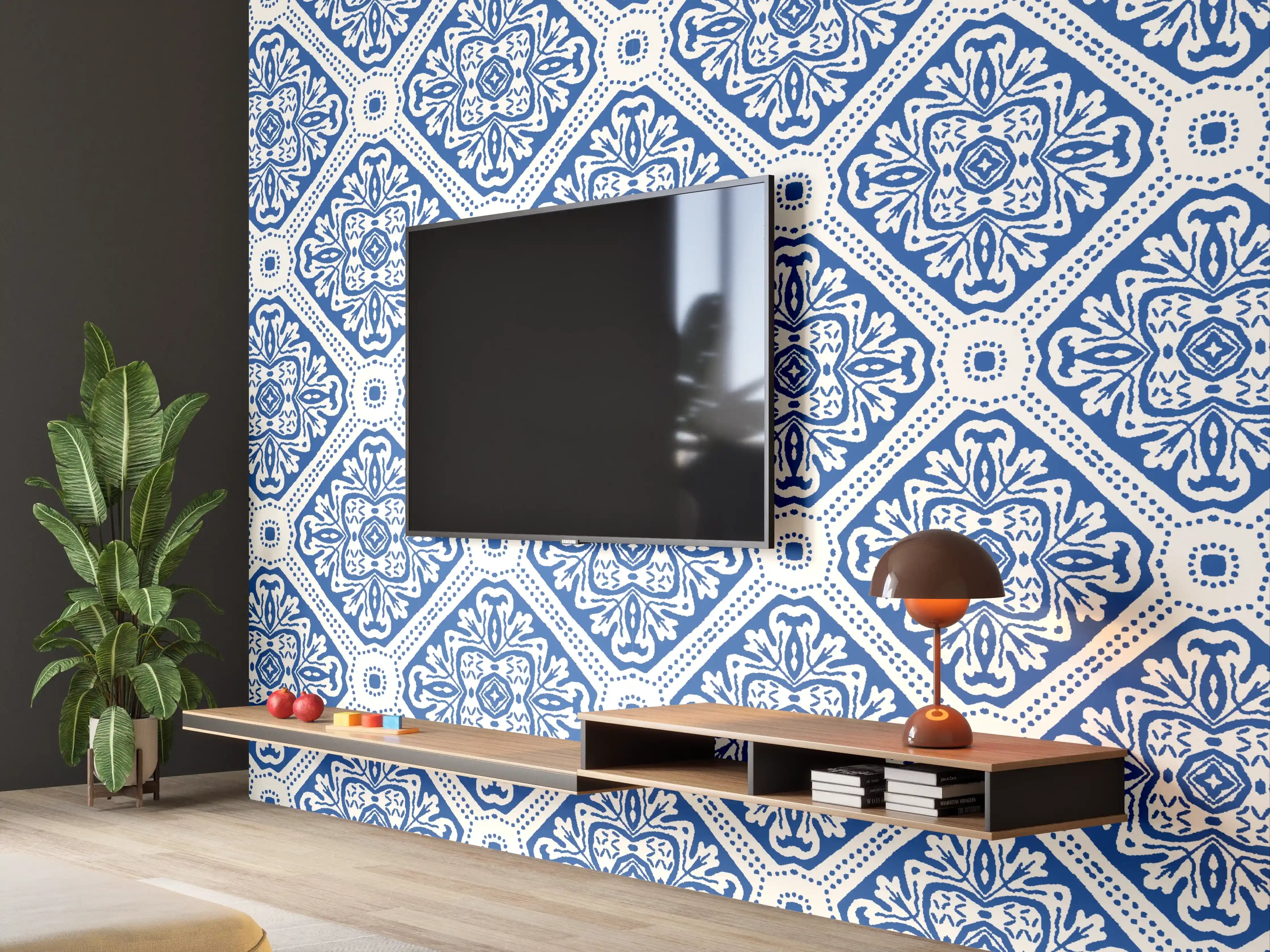 Wandverkleidung Wohnzimmer - Blau-Weißes Grafikmuster