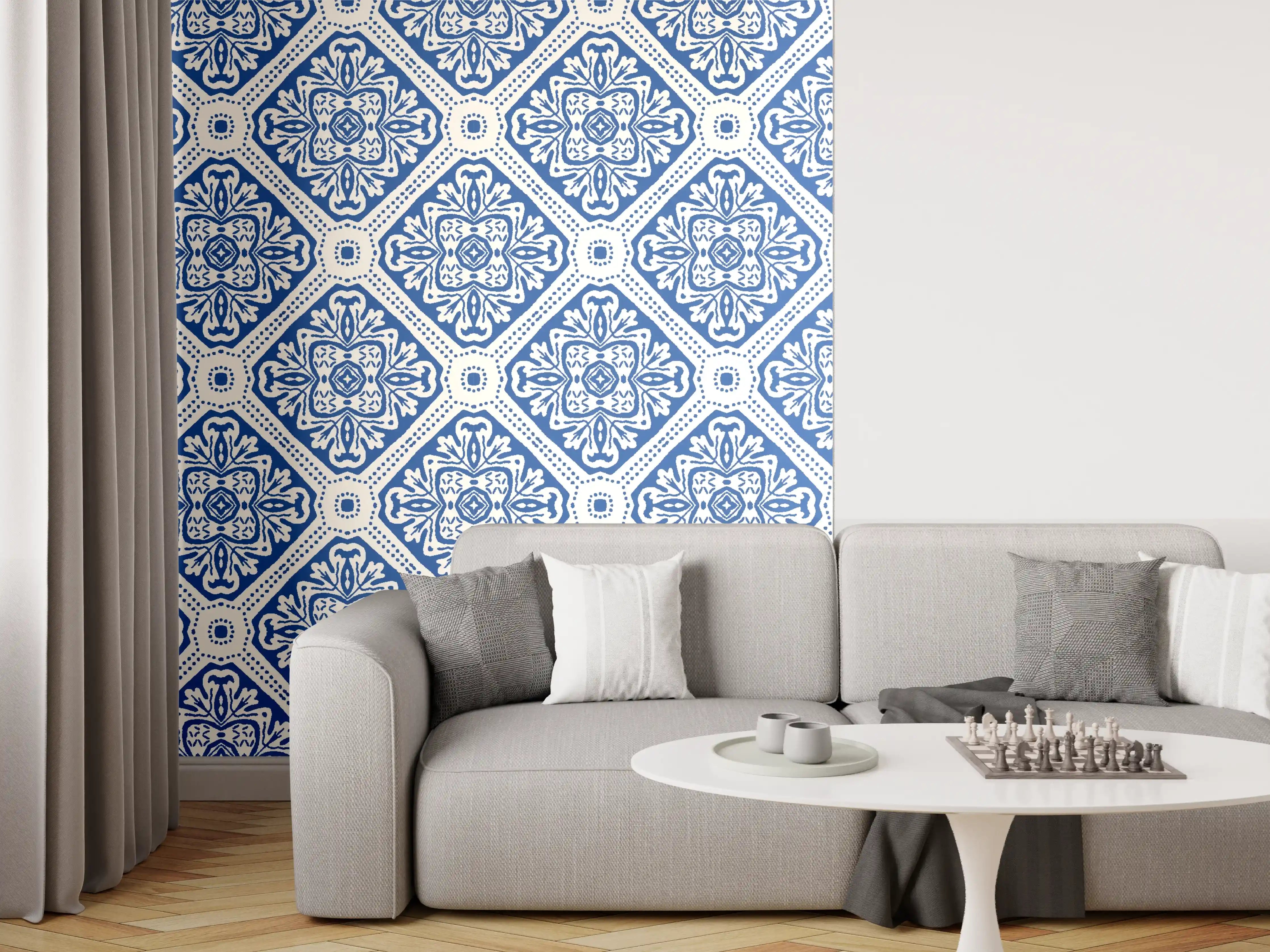 Wandverkleidung Wohnzimmer - Blau-Weißes Grafikmuster