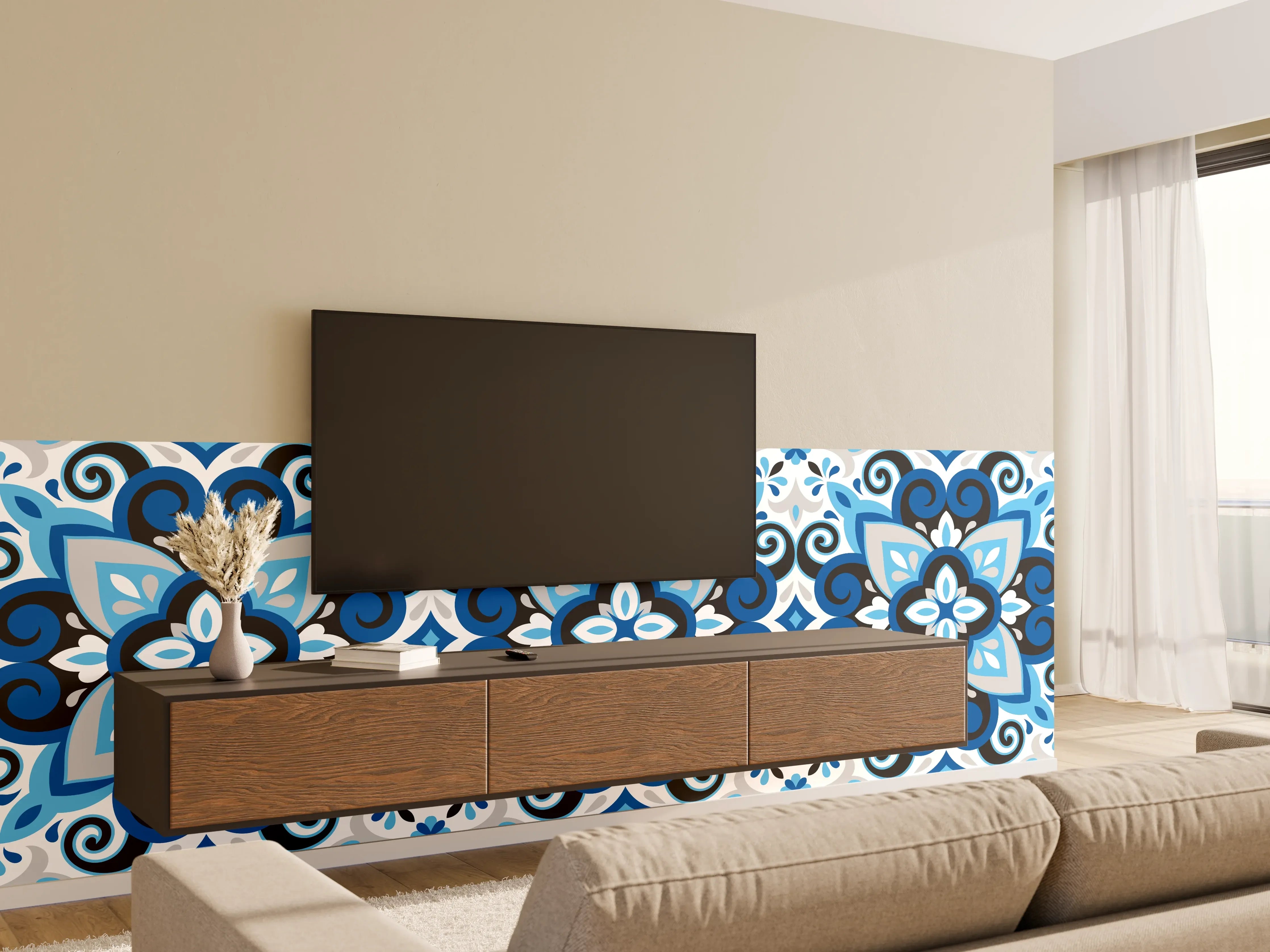 Wandverkleidung Wohnzimmer - Blau-Weißes Mandala Fliesenmuster