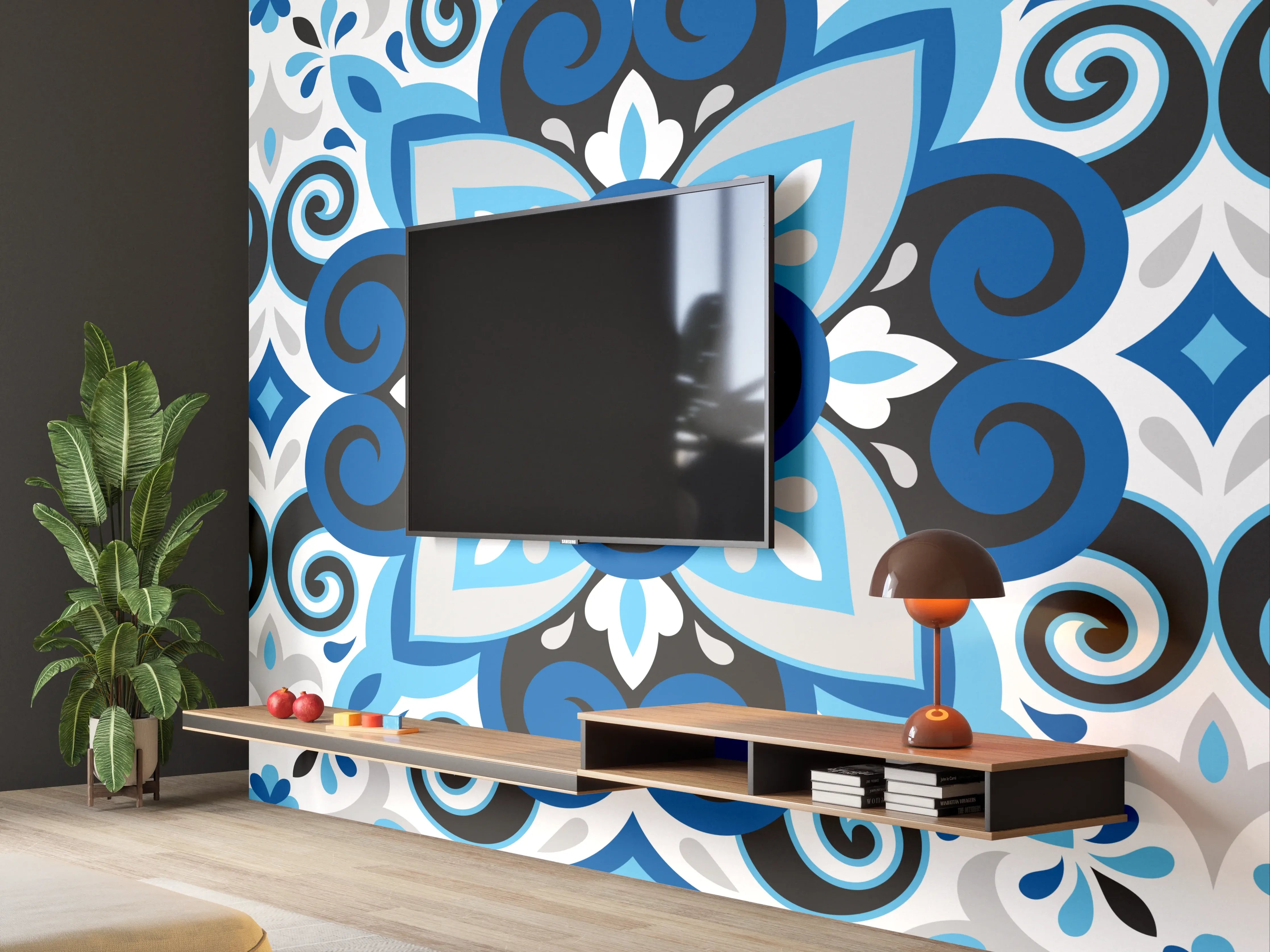 Wandverkleidung Wohnzimmer - Blau-Weißes Mandala Fliesenmuster