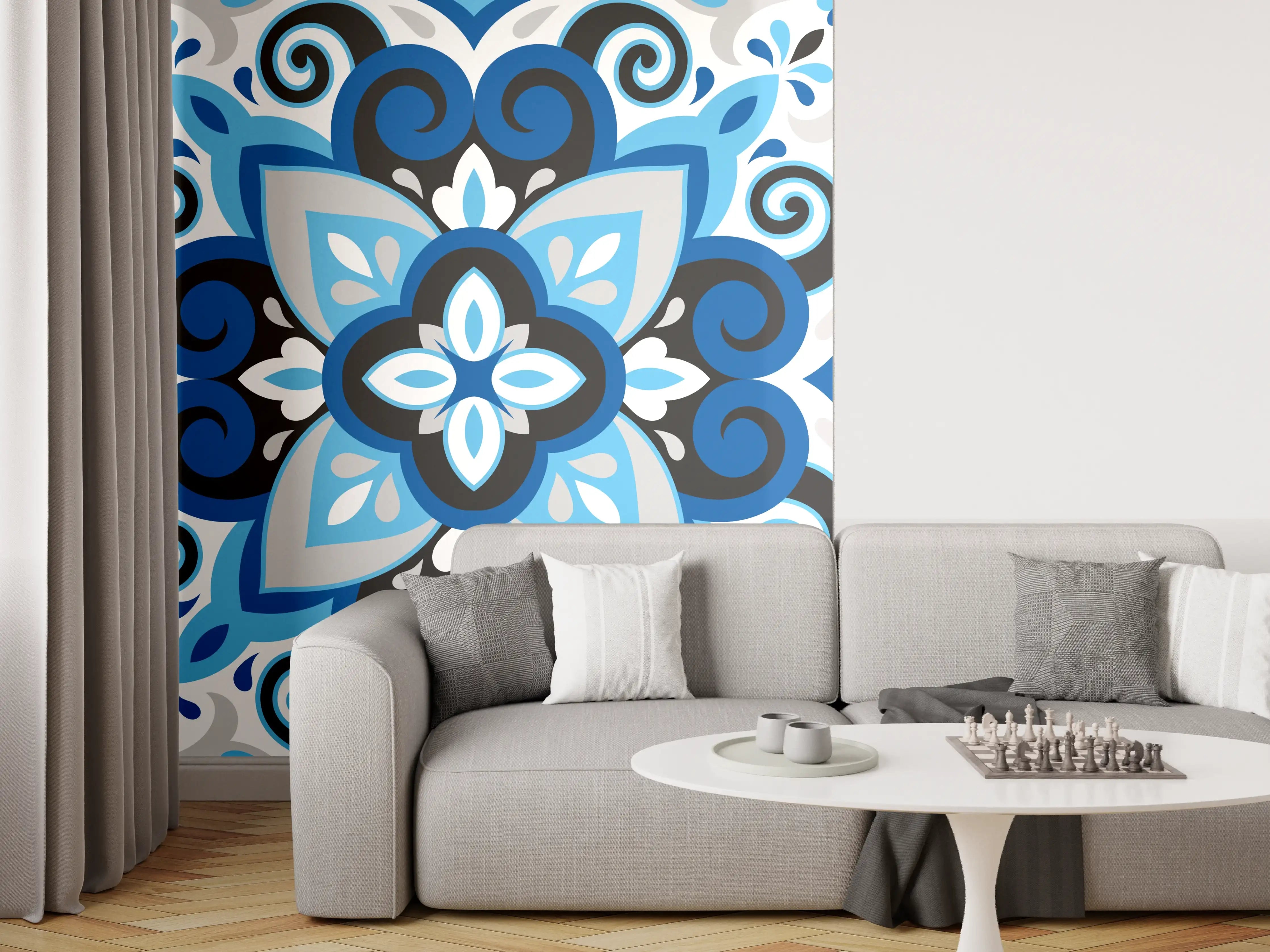 Wandverkleidung Wohnzimmer - Blau-Weißes Mandala Fliesenmuster