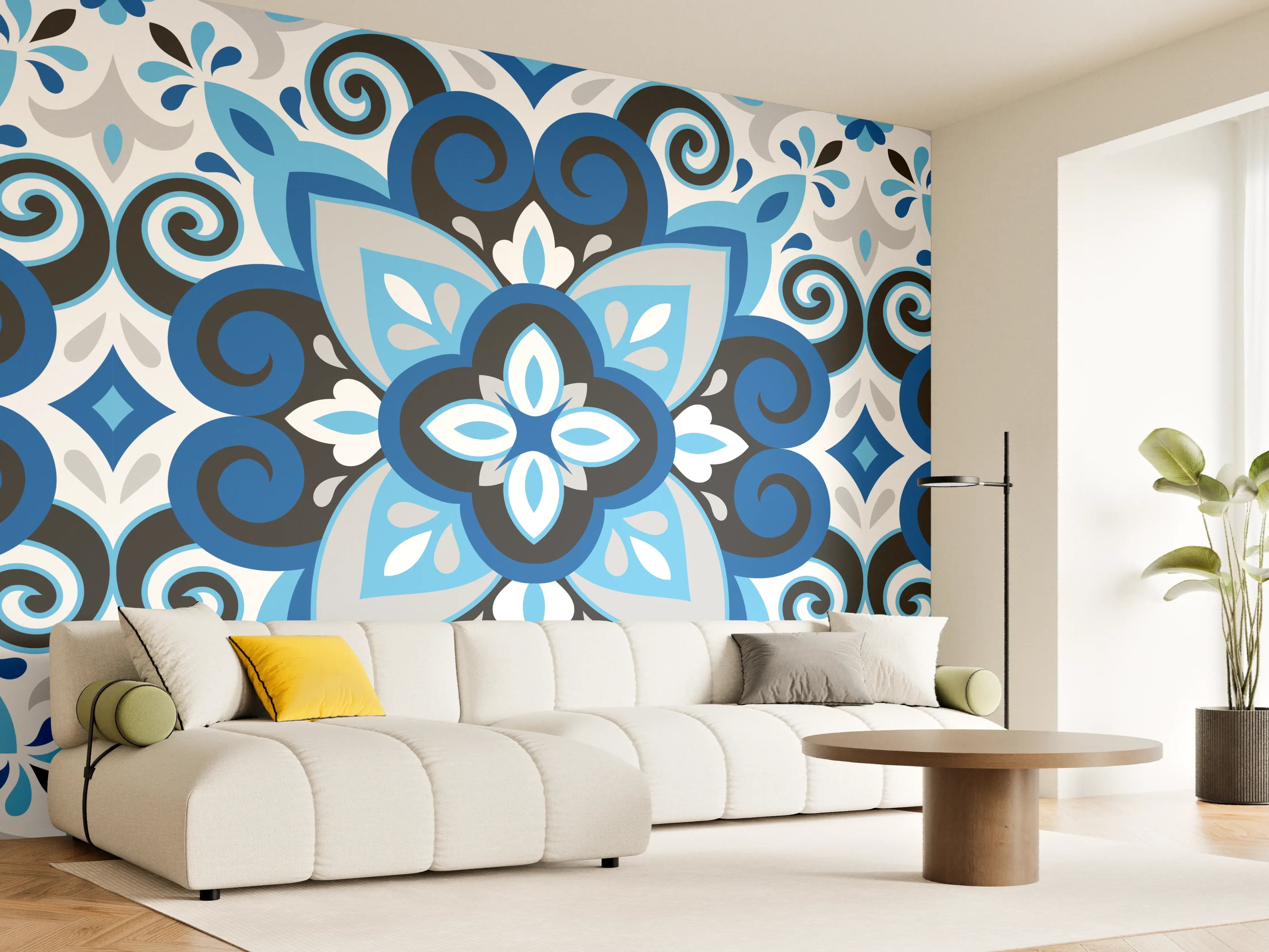 Wandverkleidung Wohnzimmer - Blau-Weißes Mandala Fliesenmuster