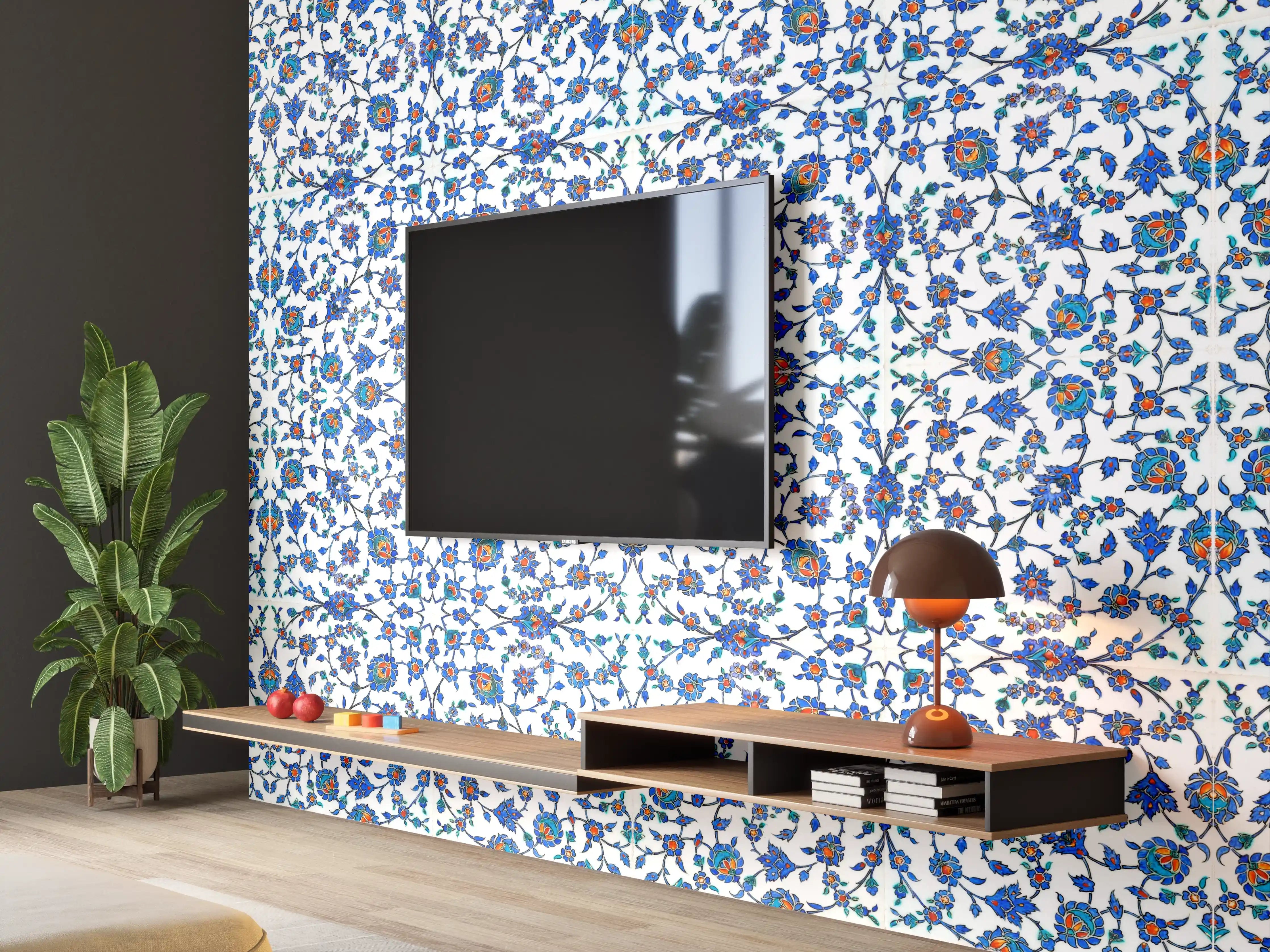 Wandverkleidung Wohnzimmer - Blau-Weißes Musterdesign