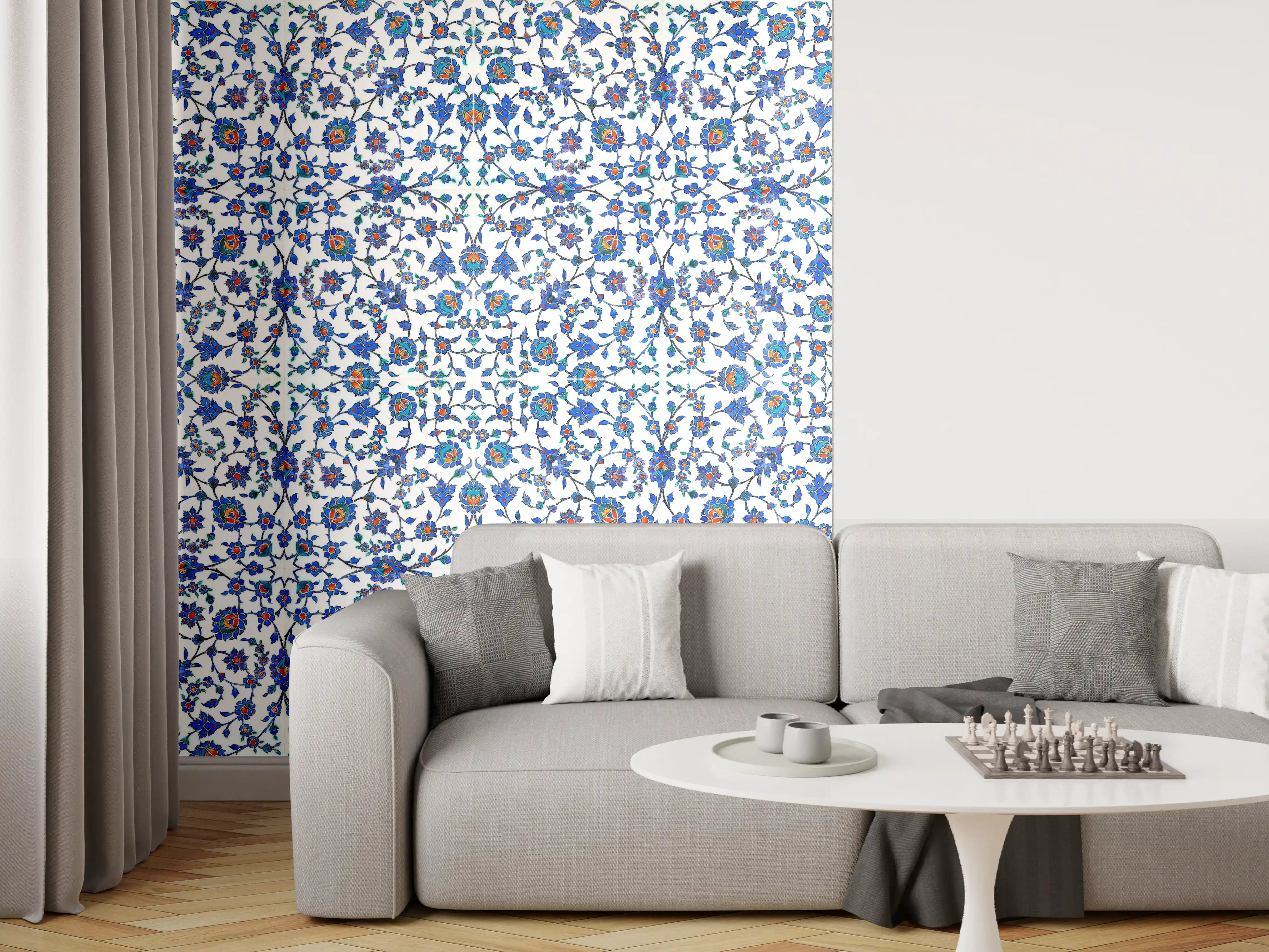 Wandverkleidung Wohnzimmer - Blau-Weißes Musterdesign