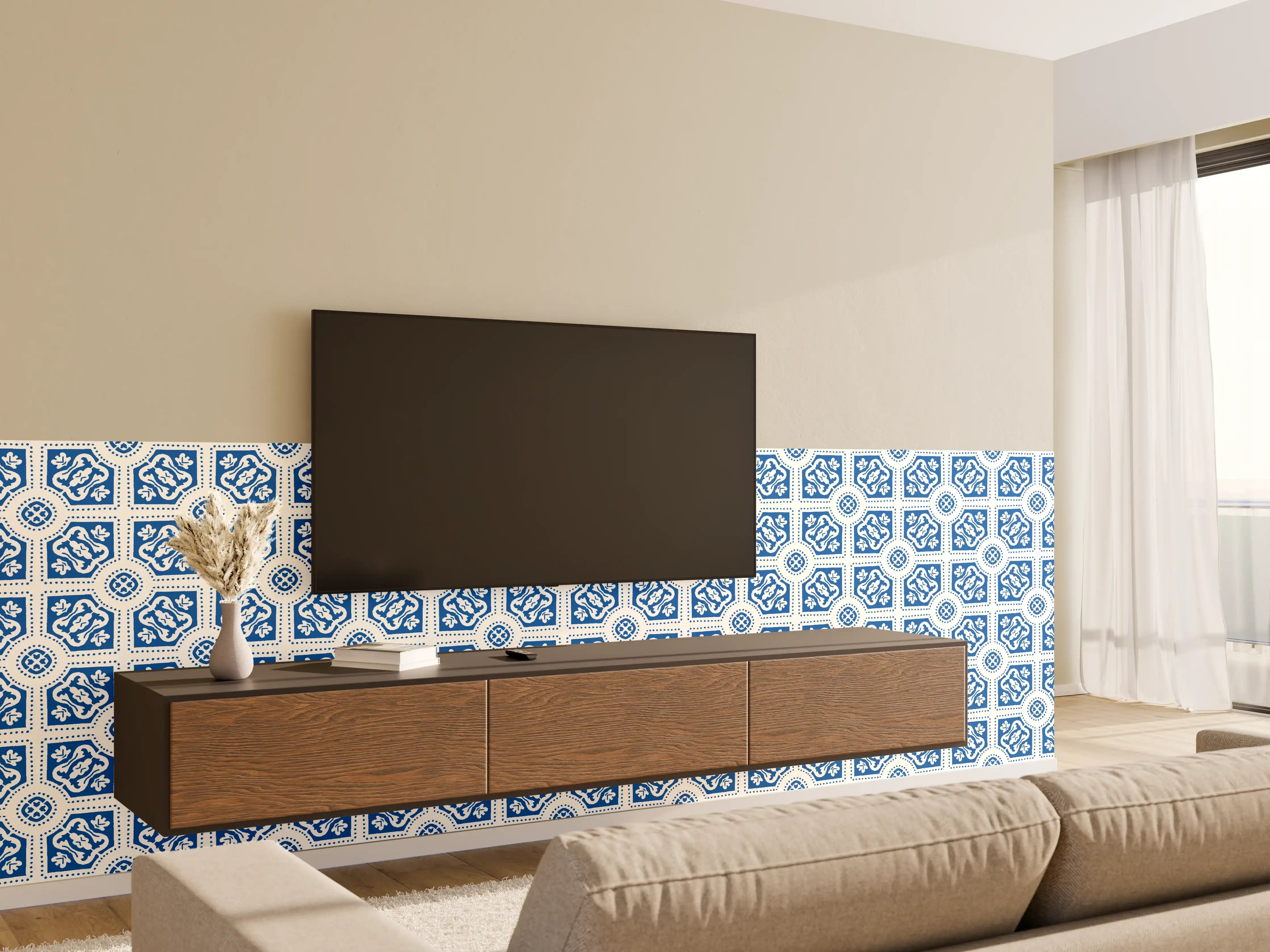 Wandverkleidung Wohnzimmer - Blau-Weißes geometrisches Muster mit zarten Grautönen