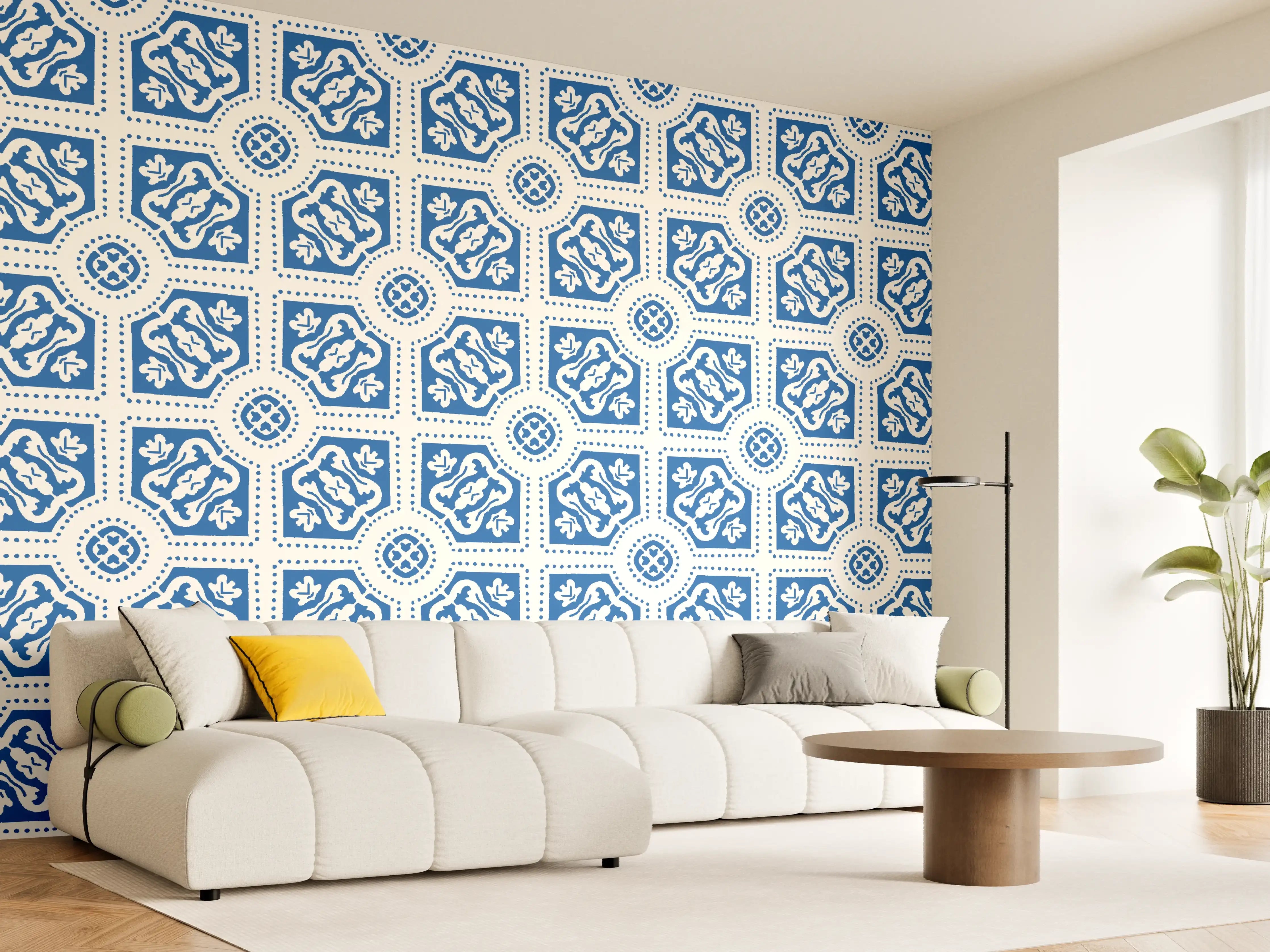 Wandverkleidung Wohnzimmer - Blau-Weißes geometrisches Muster mit zarten Grautönen